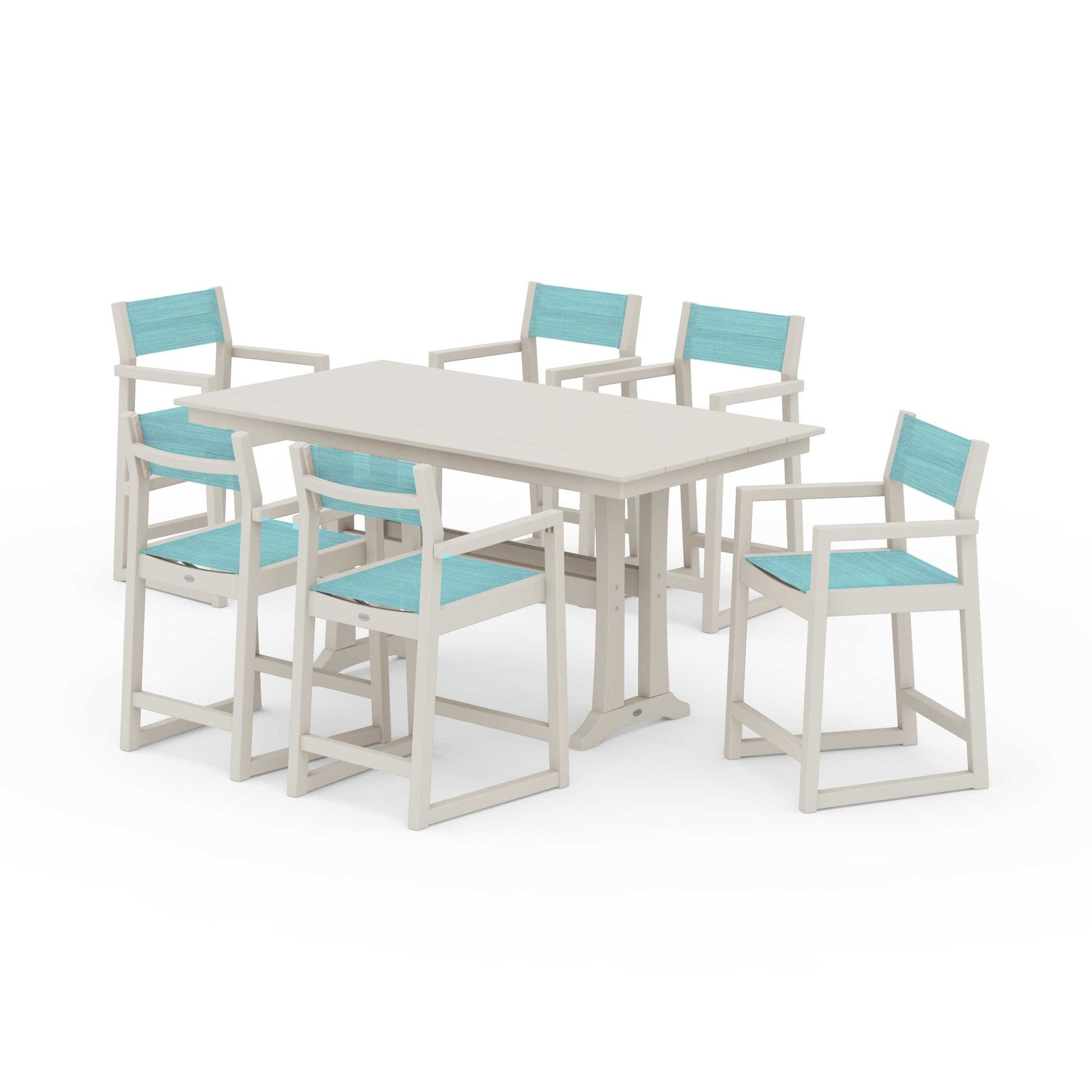 POLYWOOD EDGE Sling Arm Chair 7-Piece Farmhouse Counter Set with Trestle Legs — Sand / Dupioni Aquamarine Sling