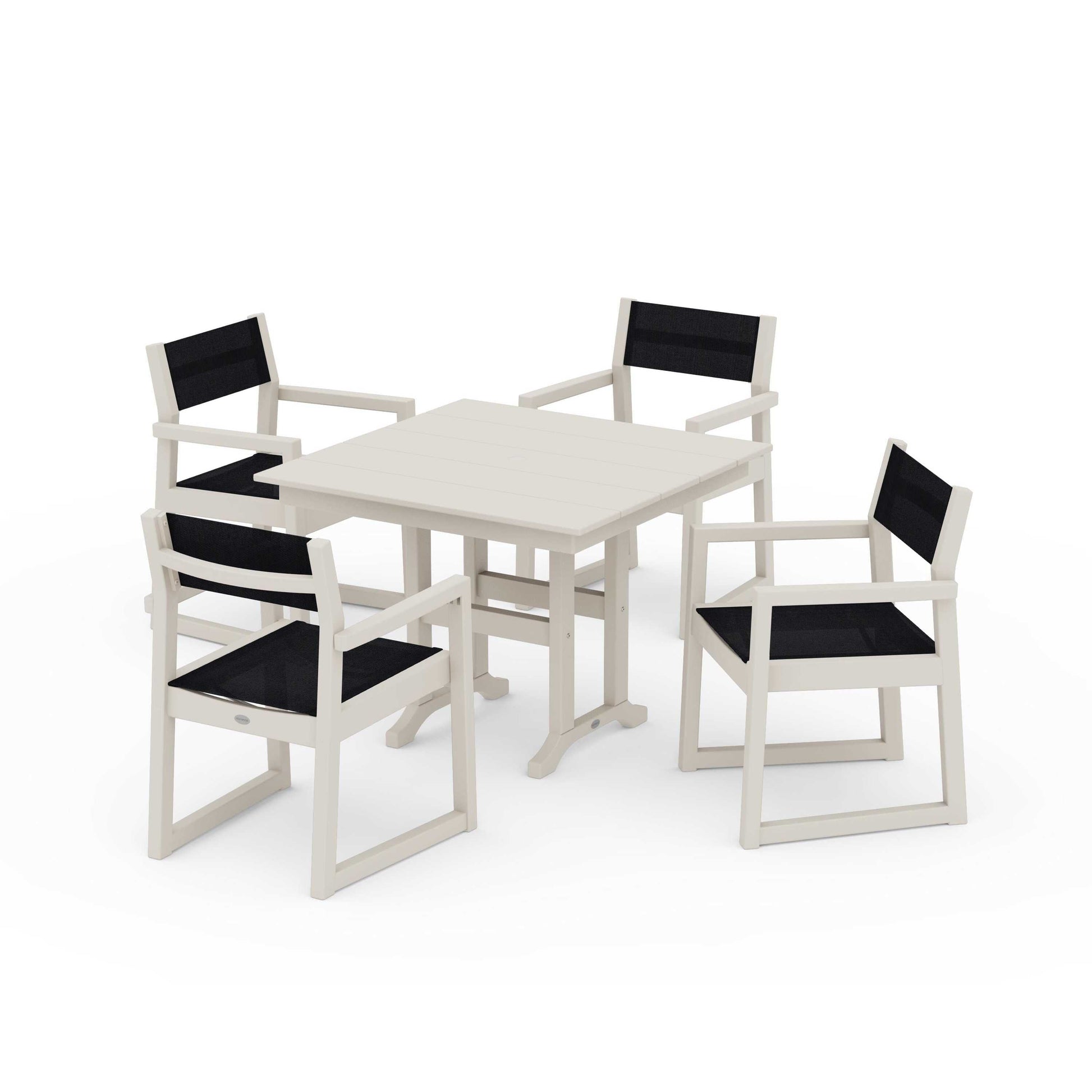 POLYWOOD EDGE Sling Arm Chair 5-Piece Farmhouse Dining Set — Sand / Black Sling