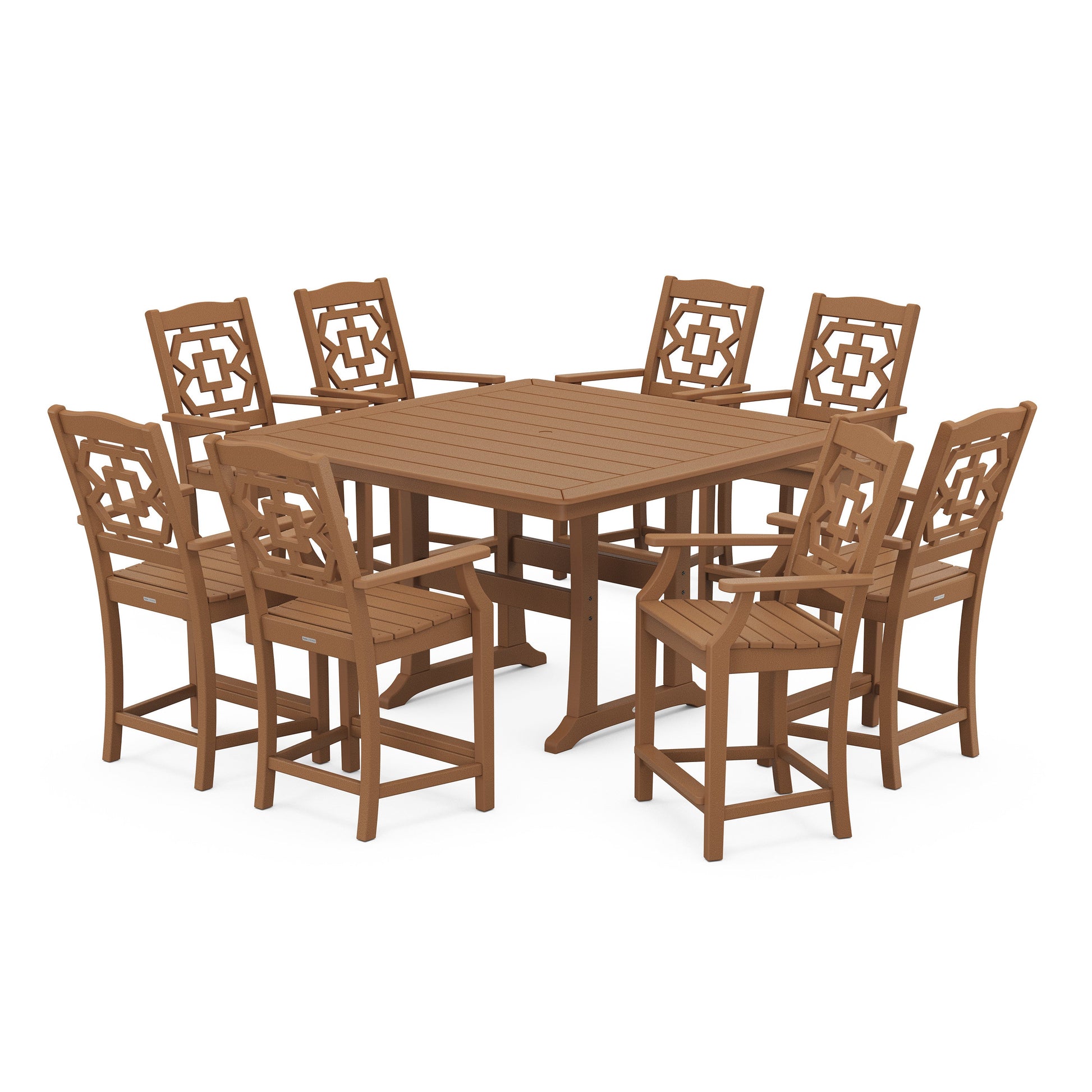 POLYWOOD Chinoiserie 9-Piece Square Counter Set with Trestle Legs — Teak