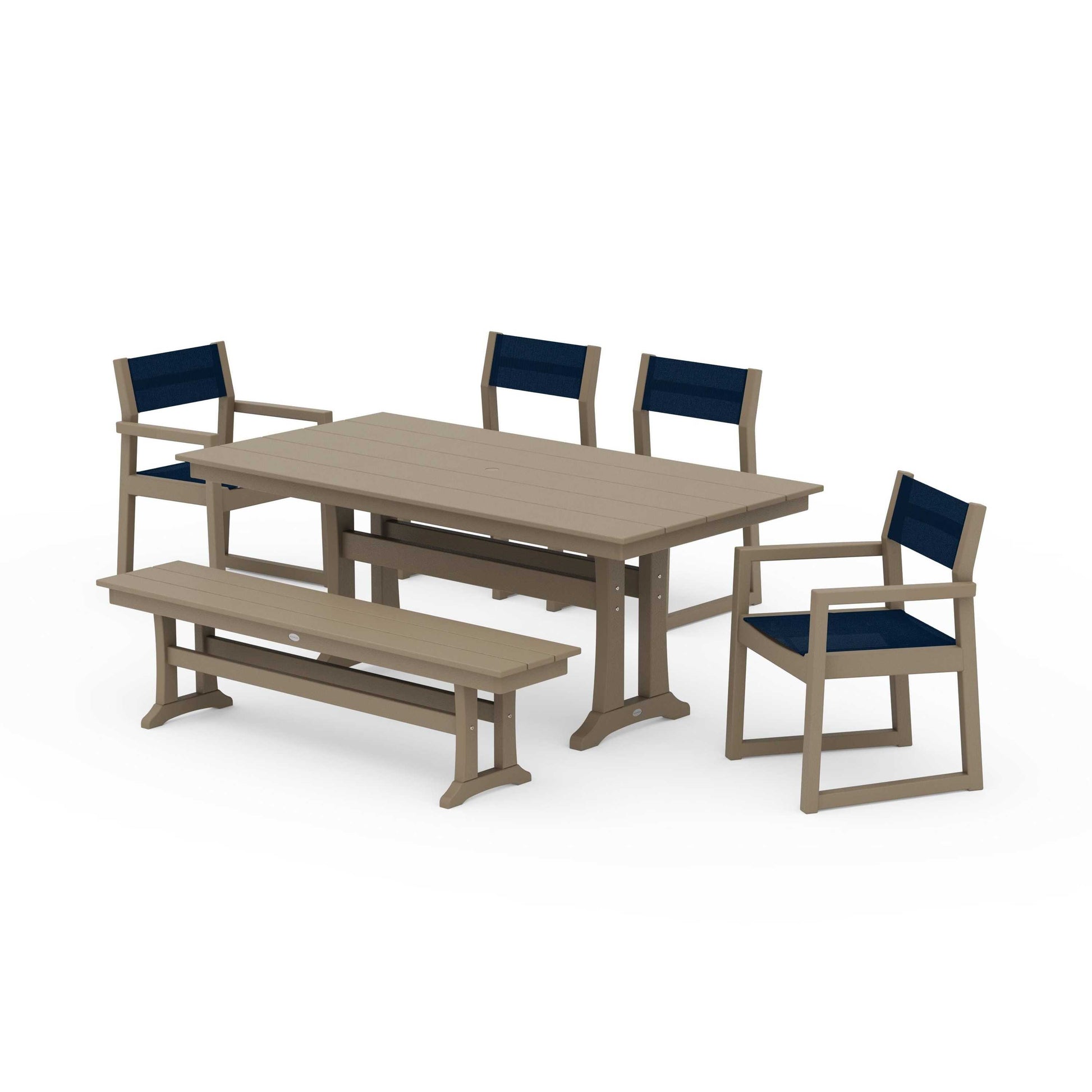 POLYWOOD EDGE Sling 6-Piece Farmhouse Dining Set With Trestle Legs — Vintage Sahara / Navy Blue Sling