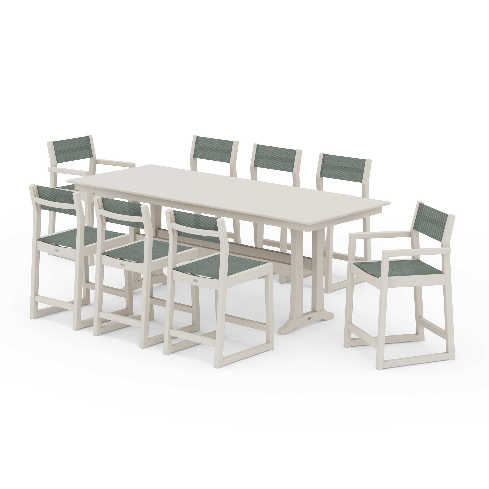 POLYWOOD EDGE Sling 9-Piece Farmhouse Counter Set with Trestle Legs — Sand / Dupioni Sea Mist Sling