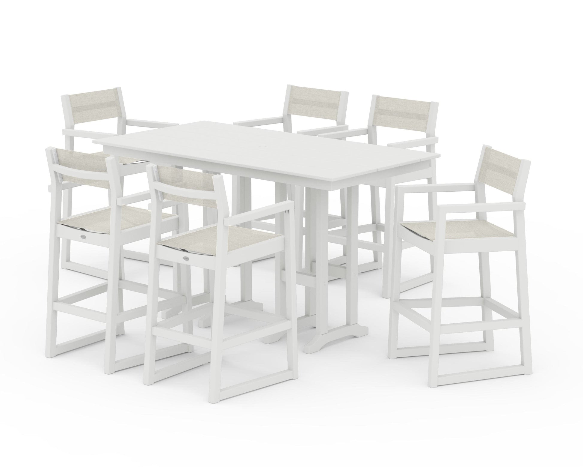 POLYWOOD EDGE Sling Arm Chair 7-Piece Farmhouse Bar Set — Vintage White / Parchment Sling