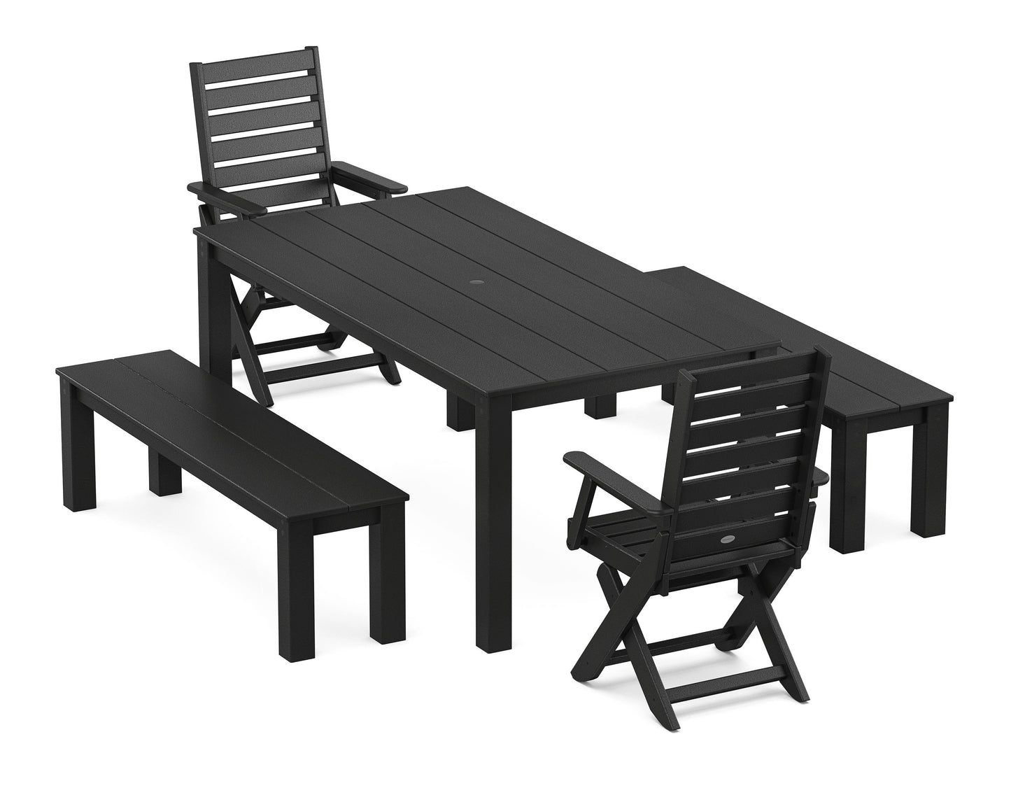POLYWOOD Captain Folding Chair 5-Piece Parsons Dining Set with Benches — Black