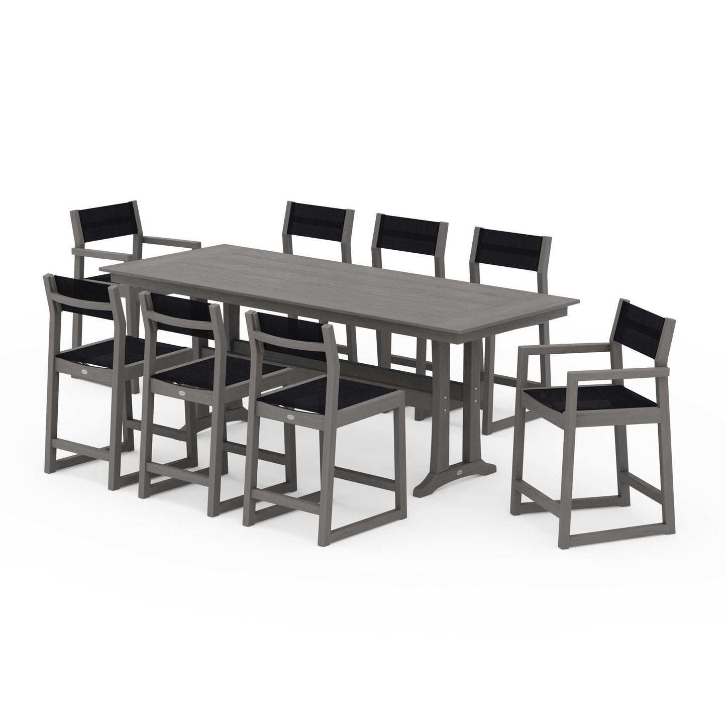 POLYWOOD EDGE Sling 9-Piece Farmhouse Counter Set with Trestle Legs — Driftwood / Black Sling