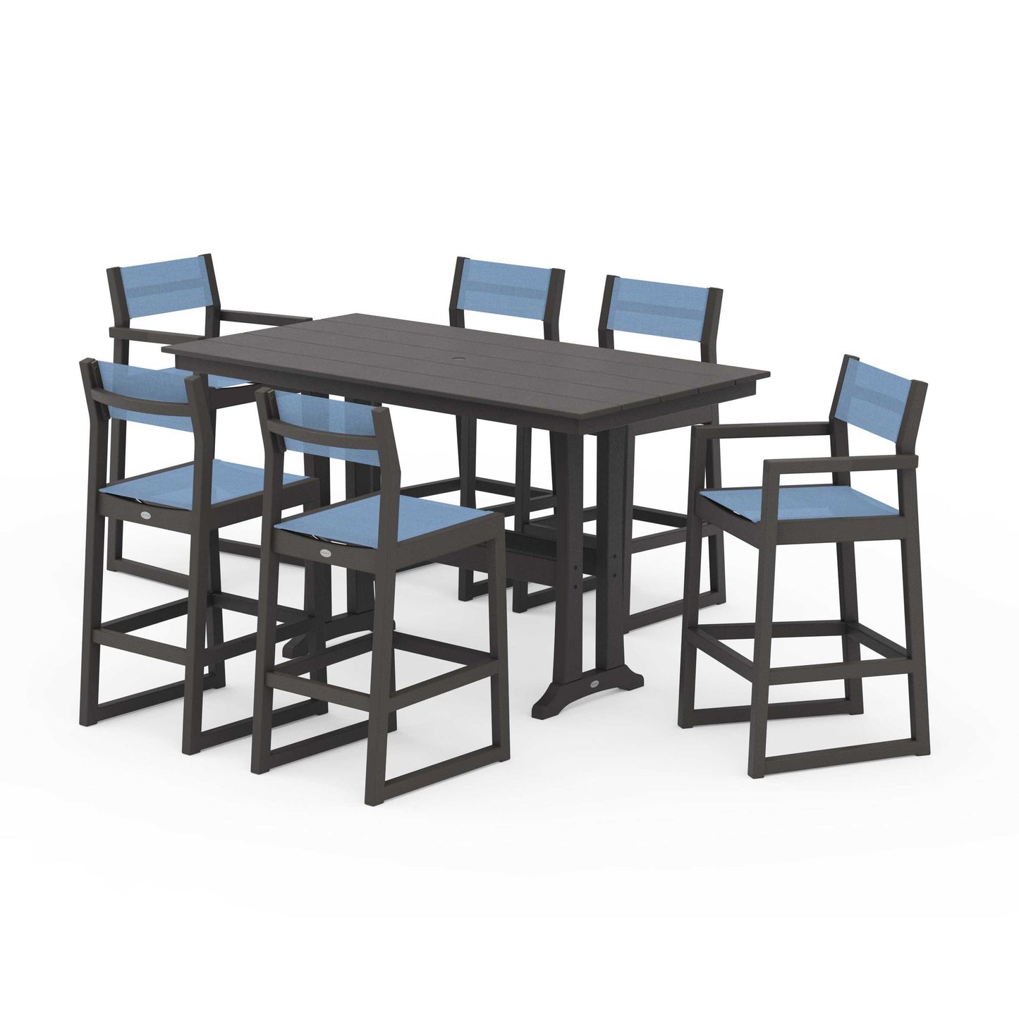 POLYWOOD EDGE Sling 7-Piece Farmhouse Bar Set with Trestle Legs — Vintage Coffee / Poolside Sling