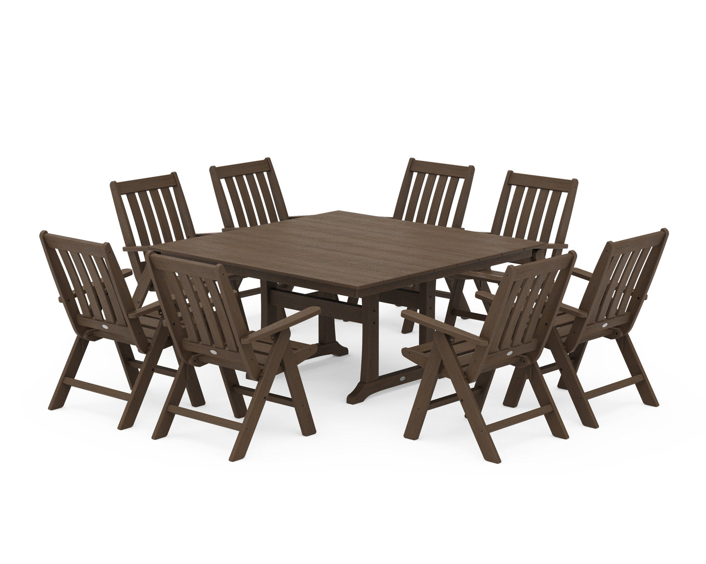 POLYWOOD Vineyard Folding Chair 9-Piece Square Farmhouse Dining Set with Trestle Legs — Kona