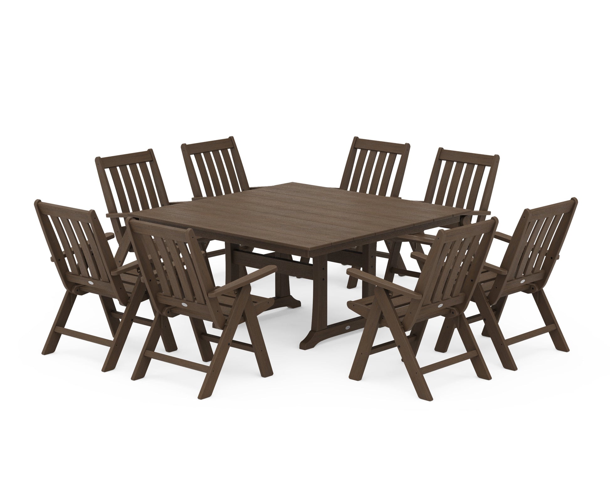 POLYWOOD Vineyard Folding Chair 9-Piece Square Farmhouse Dining Set with Trestle Legs — Kona