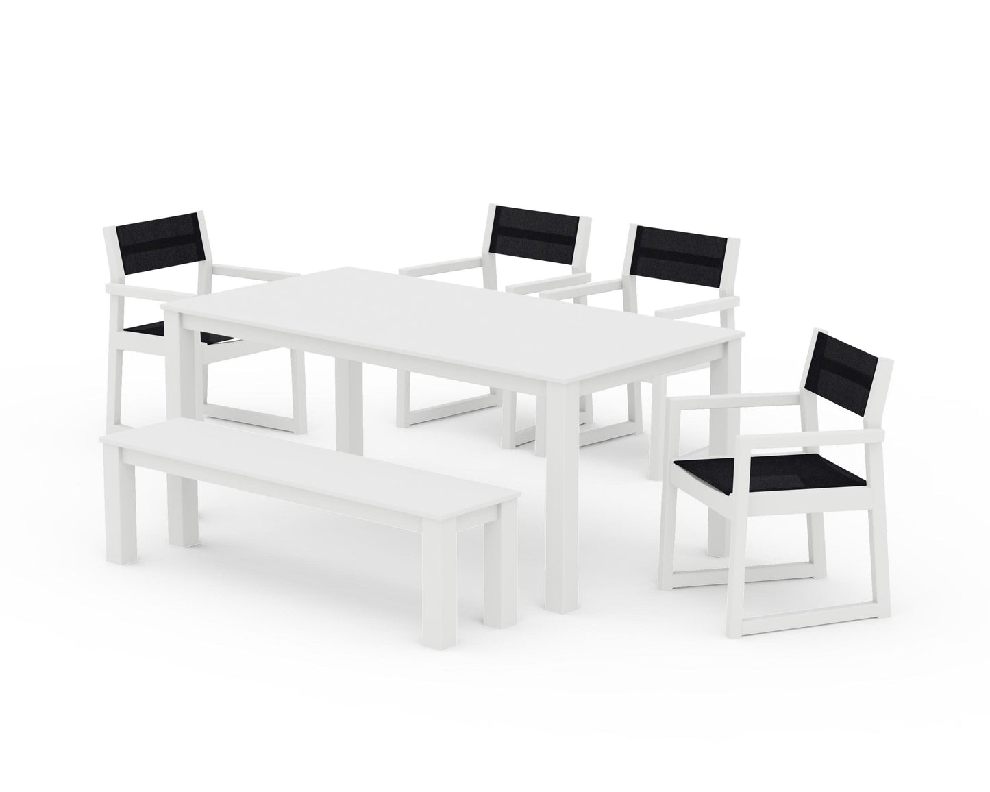 POLYWOOD EDGE Sling Arm Chair 6-Piece Parsons Dining Set with Bench — White / Black Sling