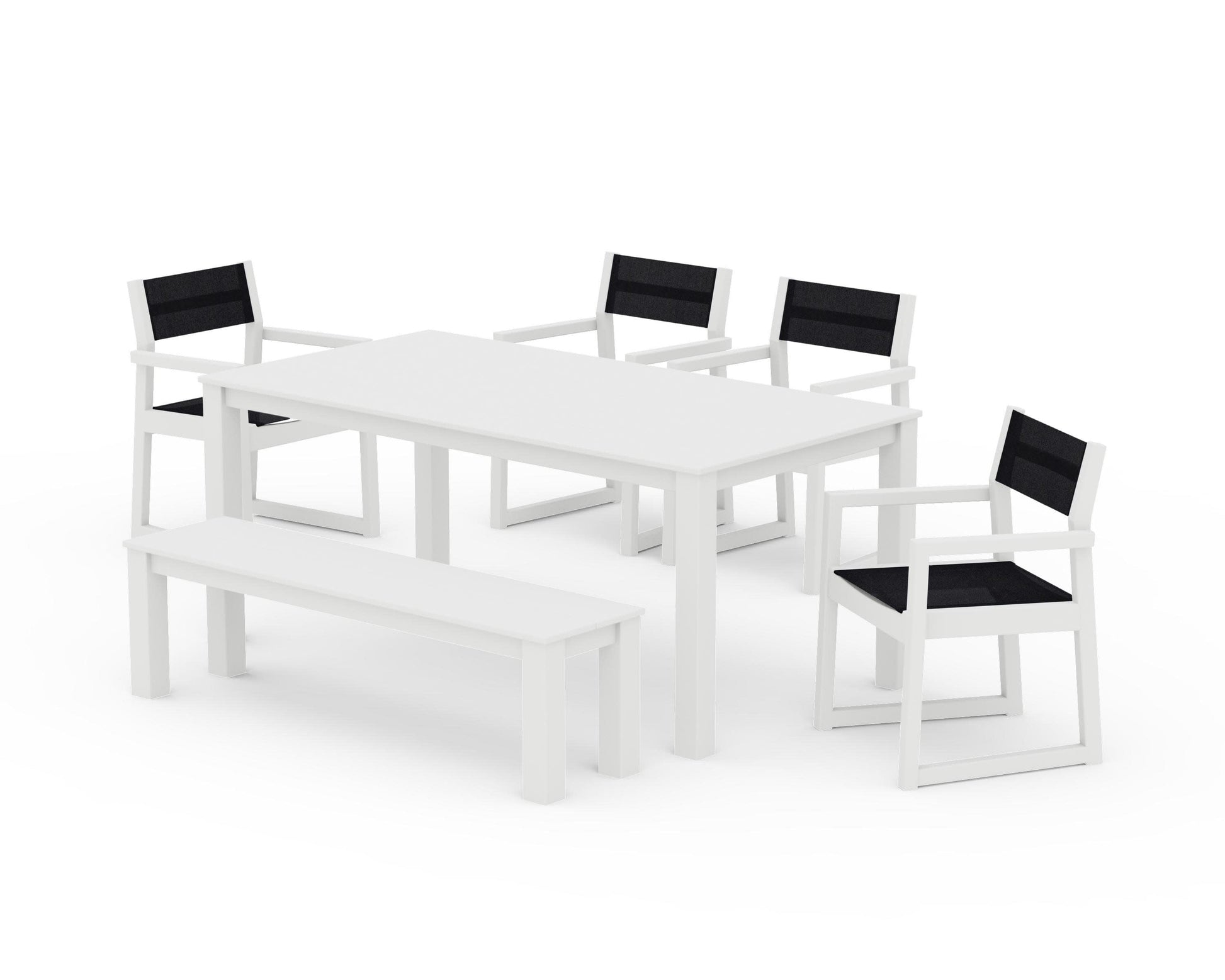 POLYWOOD EDGE Sling Arm Chair 6-Piece Parsons Dining Set with Bench — White / Black Sling
