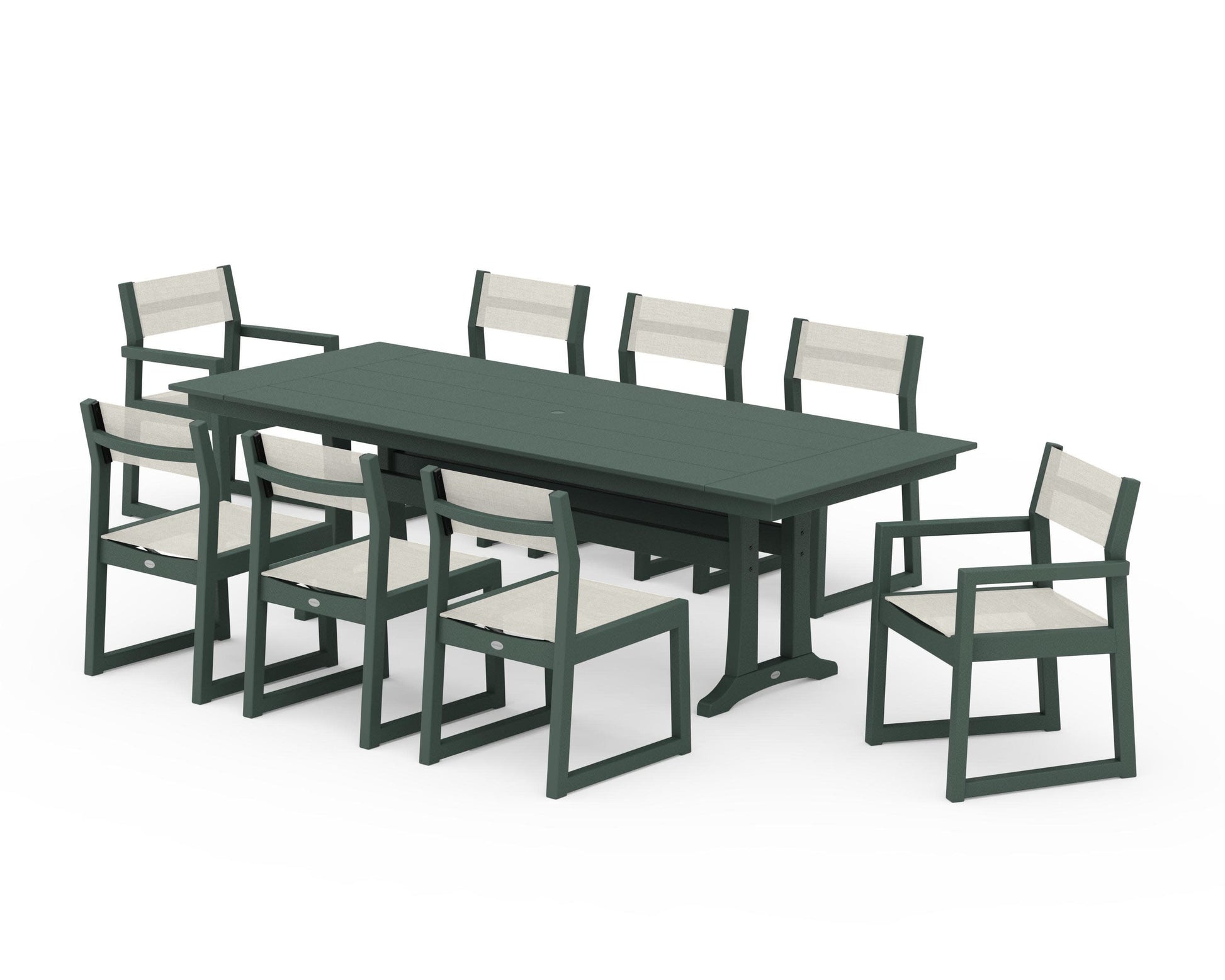 POLYWOOD EDGE Sling 9-Piece Farmhouse Trestle Dining Set — Green / Parchment Sling