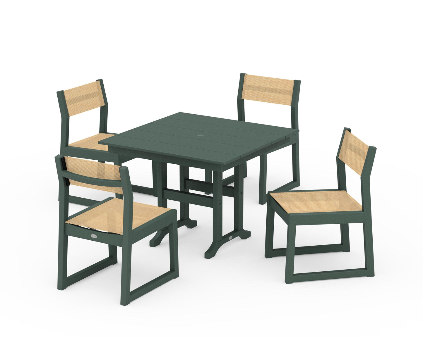 POLYWOOD EDGE Sling Side Chair 5-Piece Farmhouse Dining Set — Green / Dupioni Apricot Sling