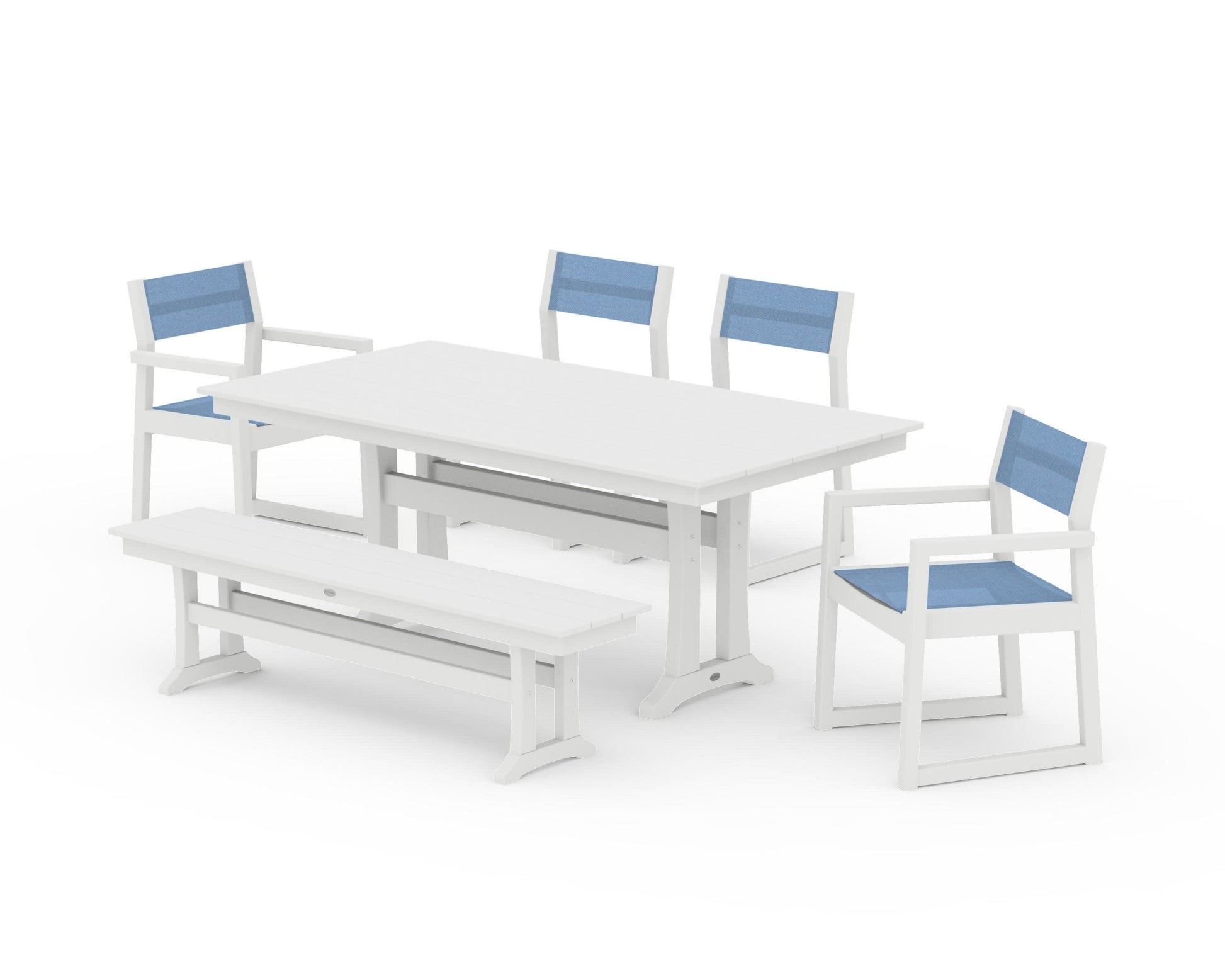 POLYWOOD EDGE Sling 6-Piece Farmhouse Dining Set With Trestle Legs — White / Poolside Sling