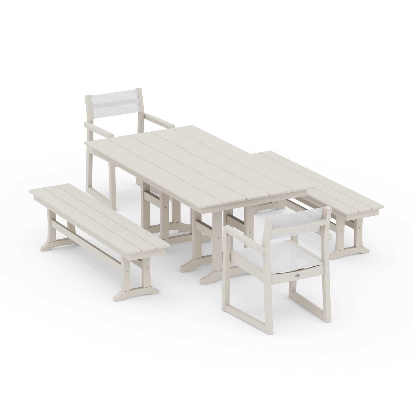 POLYWOOD EDGE Sling Arm Chair 5-Piece Farmhouse Dining Set with Benches — Sand / White Sling