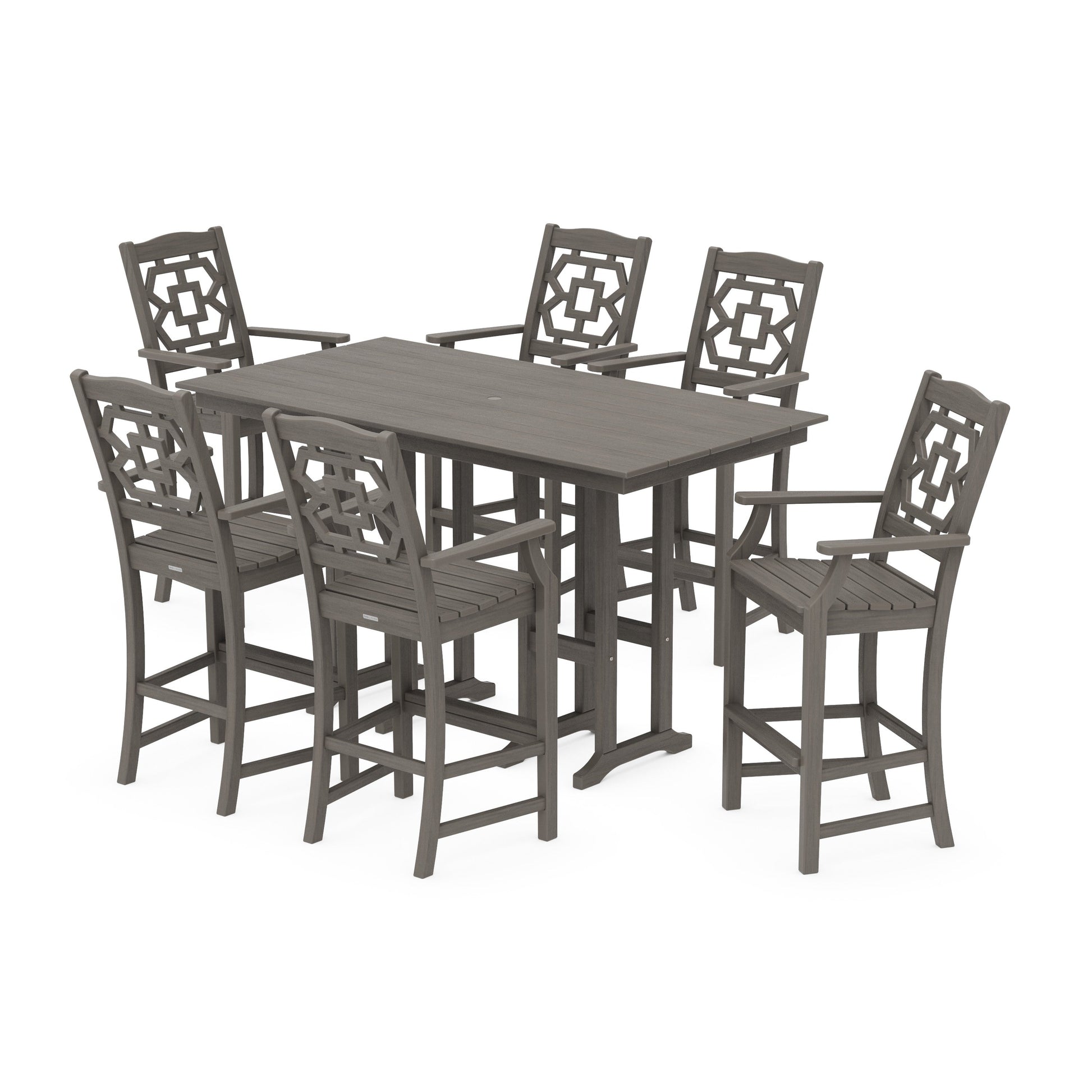 POLYWOOD Chinoiserie Arm Chair 7-Piece Farmhouse Bar Set — Driftwood