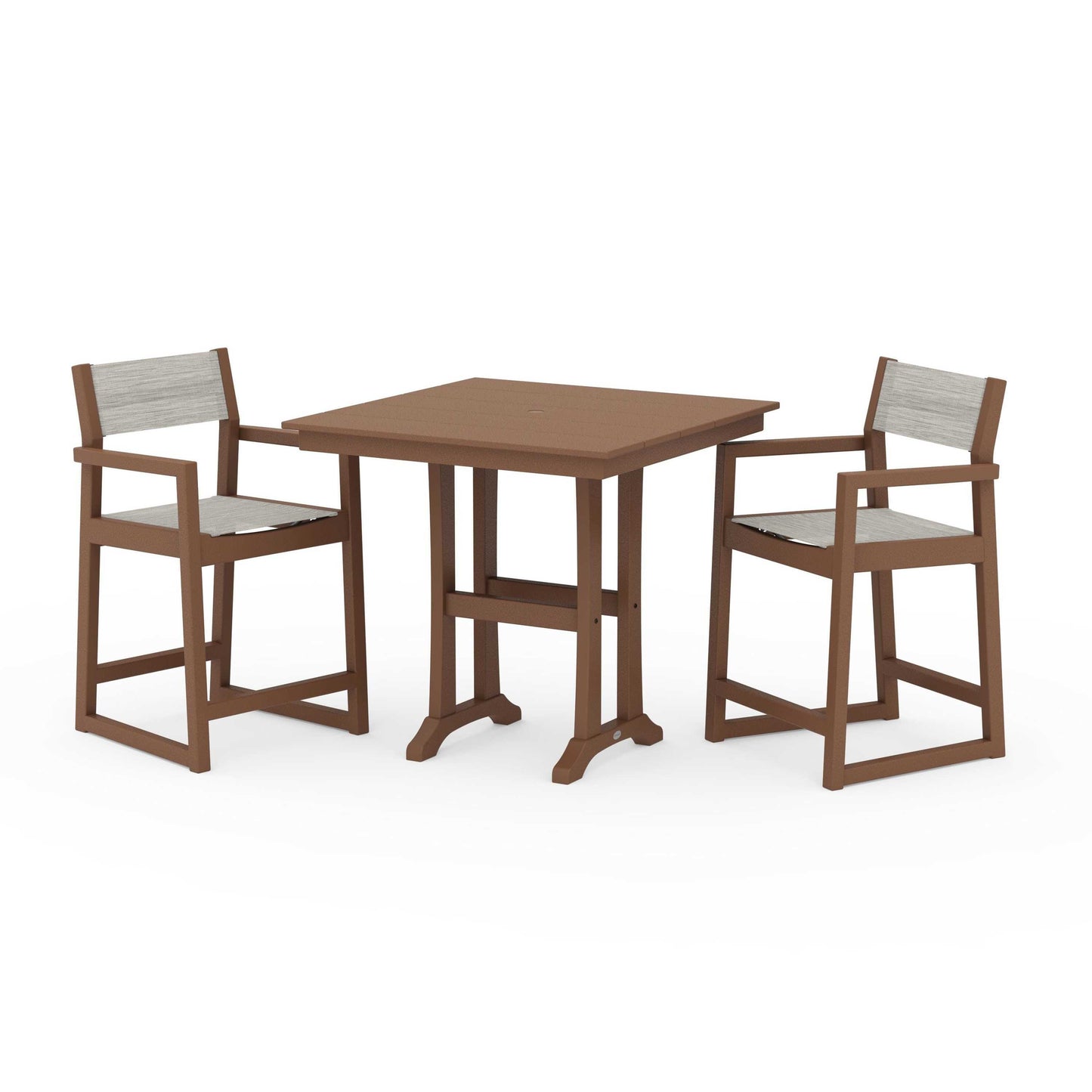 POLYWOOD EDGE Sling Arm Chair 3-Piece Farmhouse Counter Set with Trestle Legs — Teak / Birch Sling
