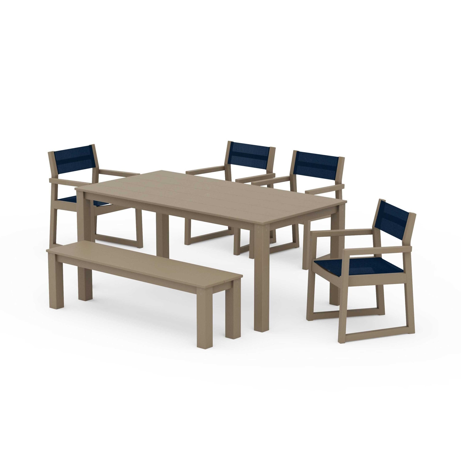 POLYWOOD EDGE Sling Arm Chair 6-Piece Parsons Dining Set with Bench — Vintage Sahara / Navy Blue Sling