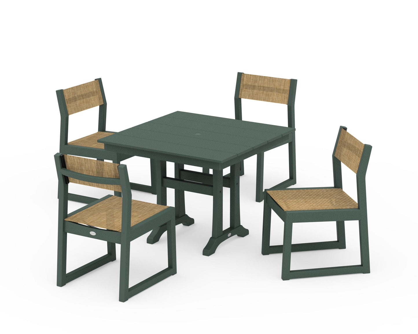 POLYWOOD EDGE Sling 5-Piece Farmhouse Trestle Side Chair Dining Set — Green / Burlap Sling