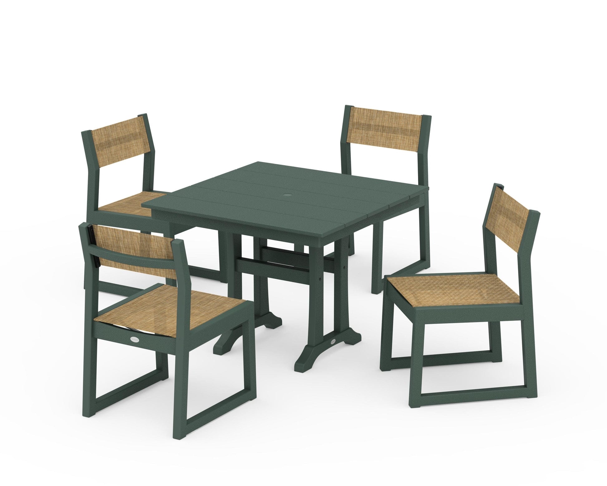 POLYWOOD EDGE Sling 5-Piece Farmhouse Trestle Side Chair Dining Set — Green / Burlap Sling