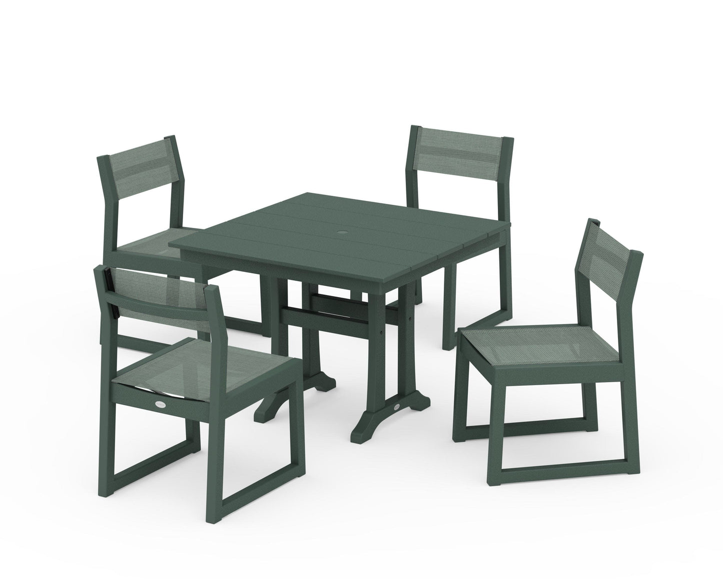 POLYWOOD EDGE Sling 5-Piece Farmhouse Trestle Side Chair Dining Set — Green / Dupioni Sea Mist Sling