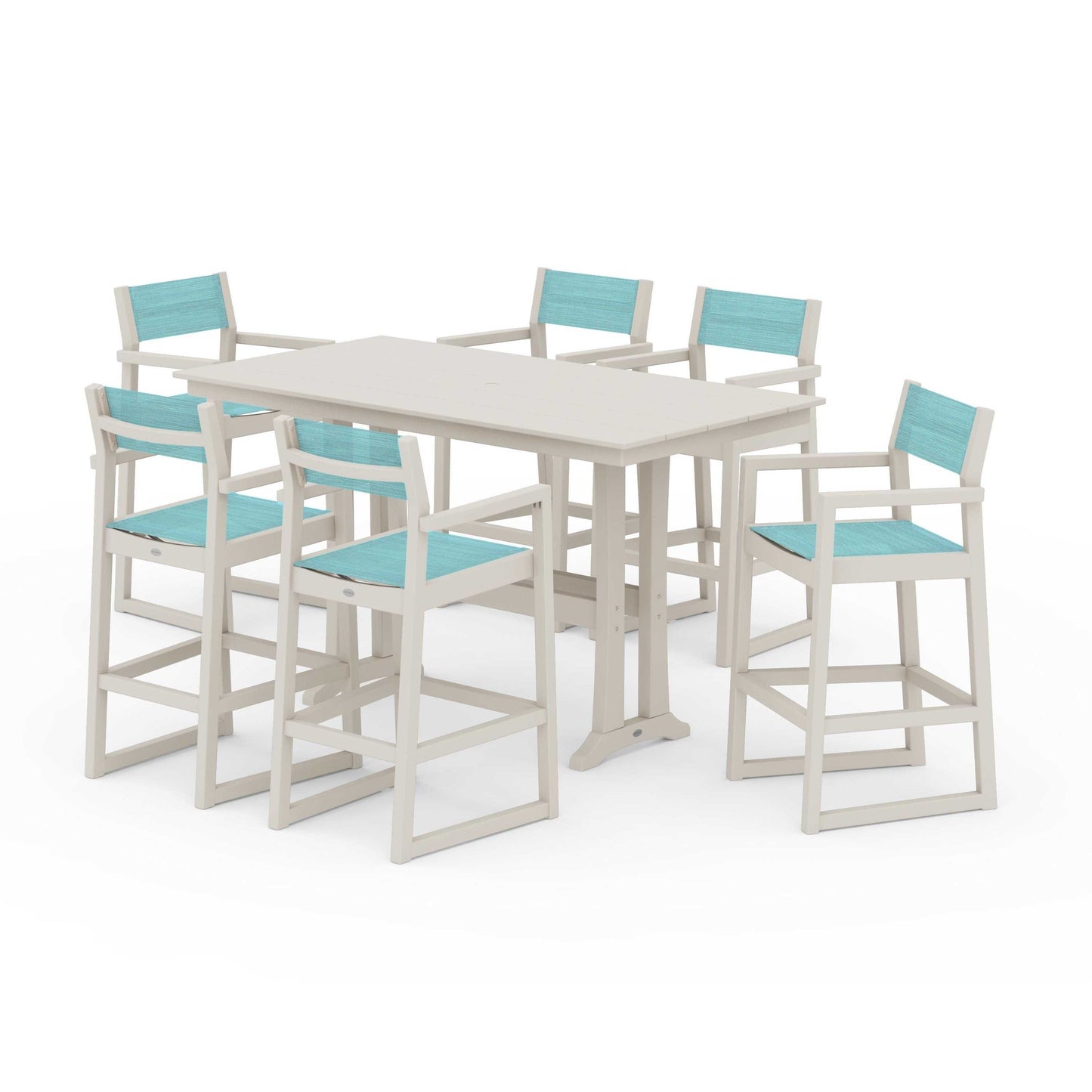 POLYWOOD EDGE Sling Arm Chair 7-Piece Farmhouse Bar Set with Trestle Legs — Sand / Dupioni Aquamarine Sling