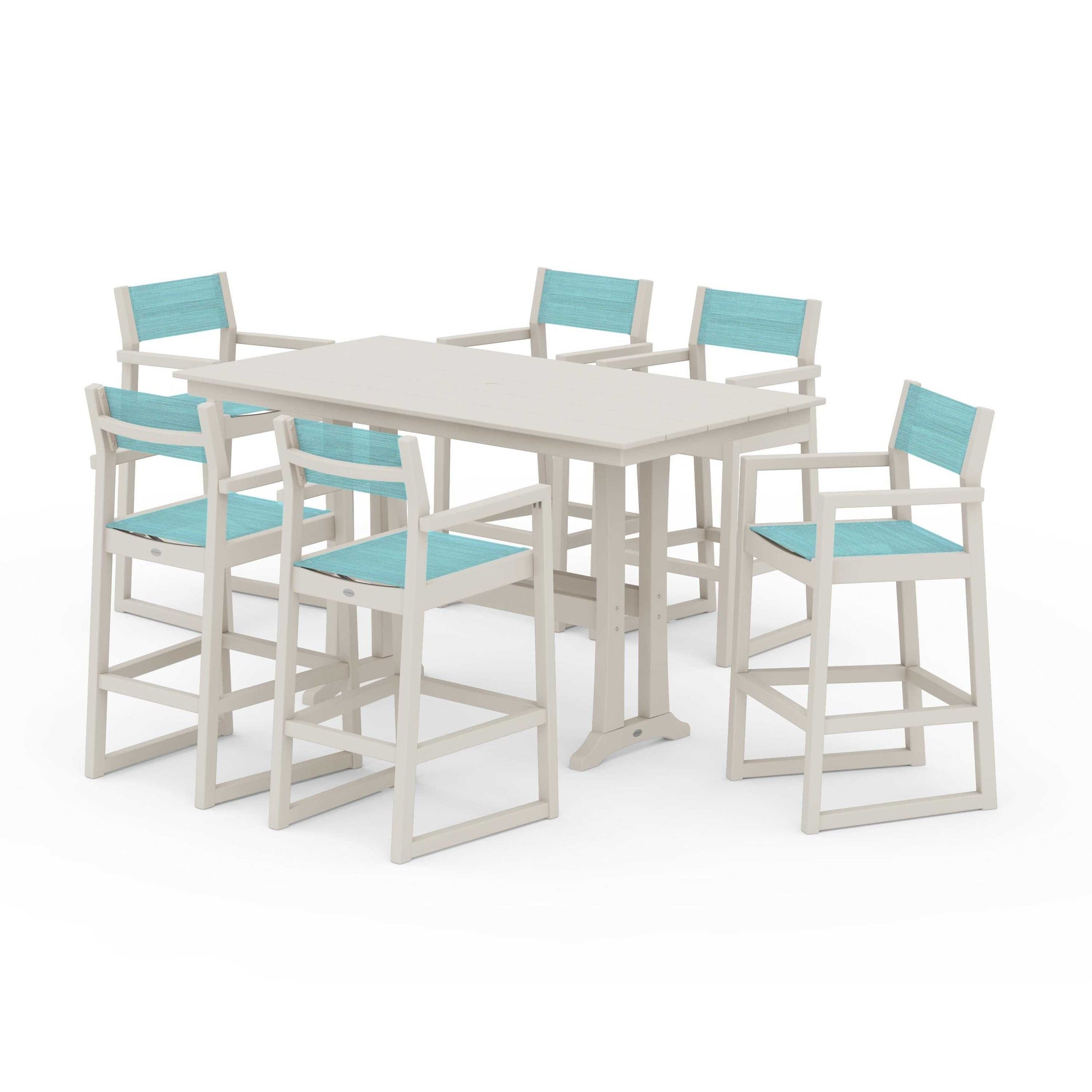 POLYWOOD EDGE Sling Arm Chair 7-Piece Farmhouse Bar Set with Trestle Legs — Sand / Dupioni Aquamarine Sling
