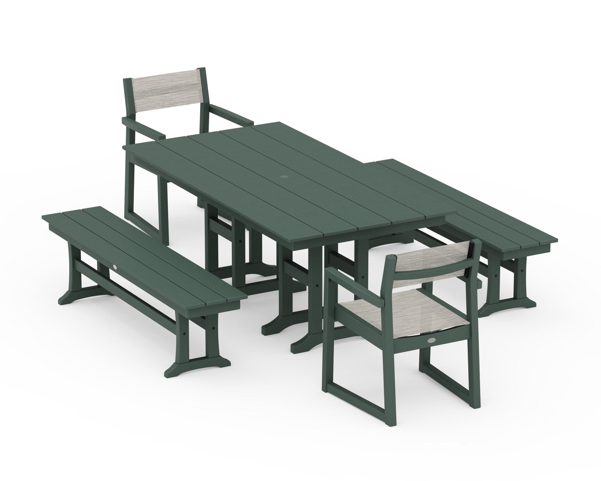 POLYWOOD EDGE Sling Arm Chair 5-Piece Farmhouse Dining Set with Benches — Green / Birch Sling