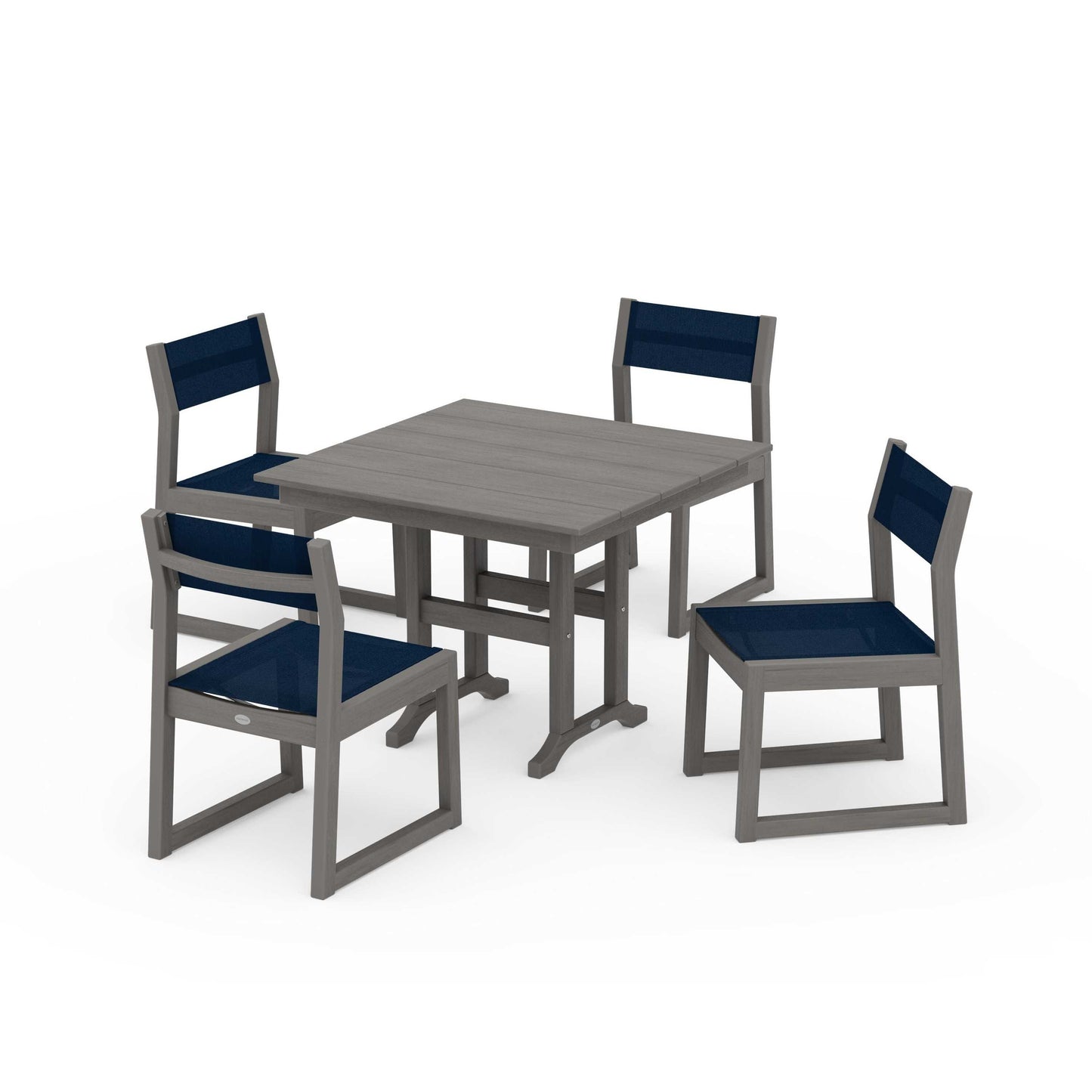 POLYWOOD EDGE Sling Side Chair 5-Piece Farmhouse Dining Set — Driftwood / Navy Blue Sling