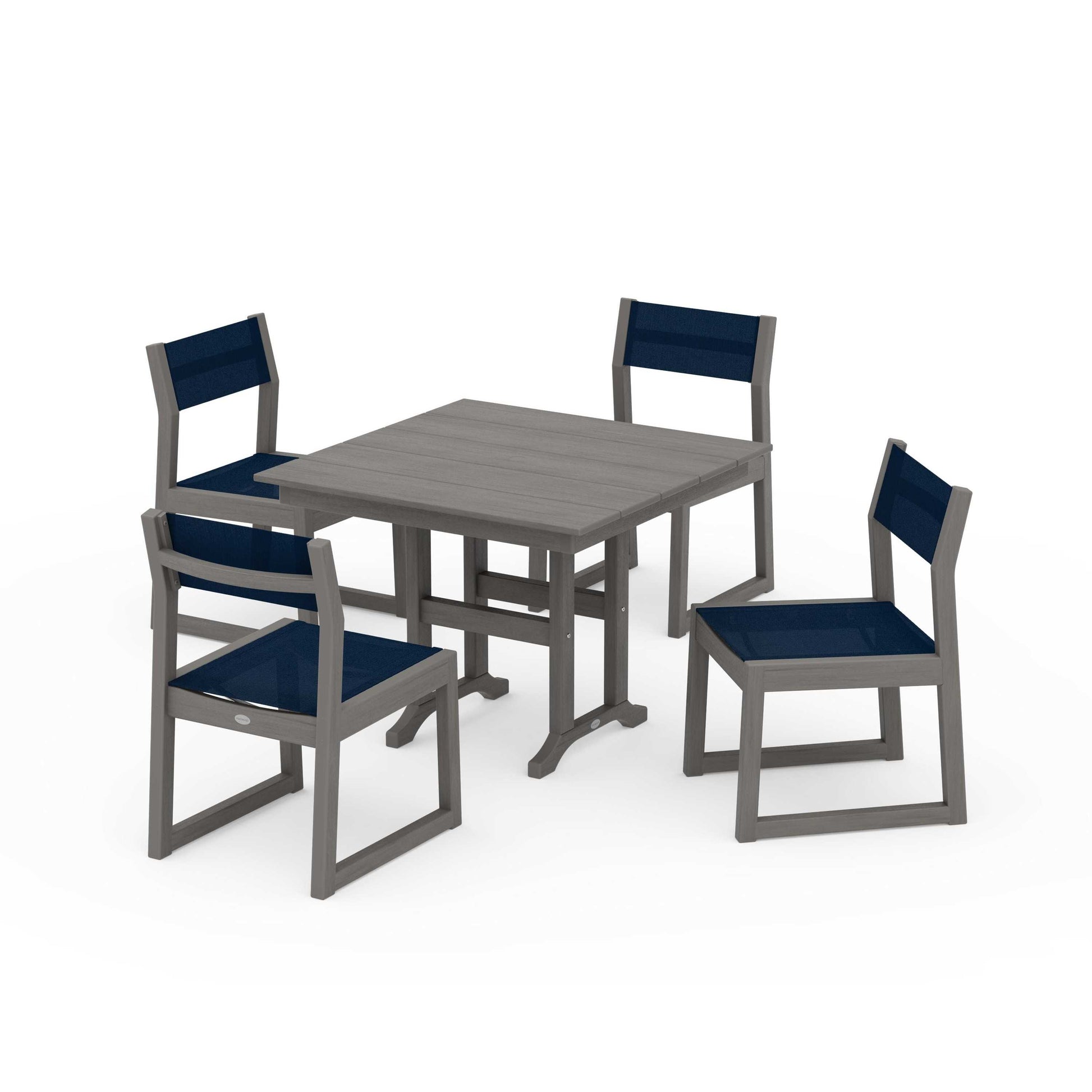 POLYWOOD EDGE Sling Side Chair 5-Piece Farmhouse Dining Set — Driftwood / Navy Blue Sling