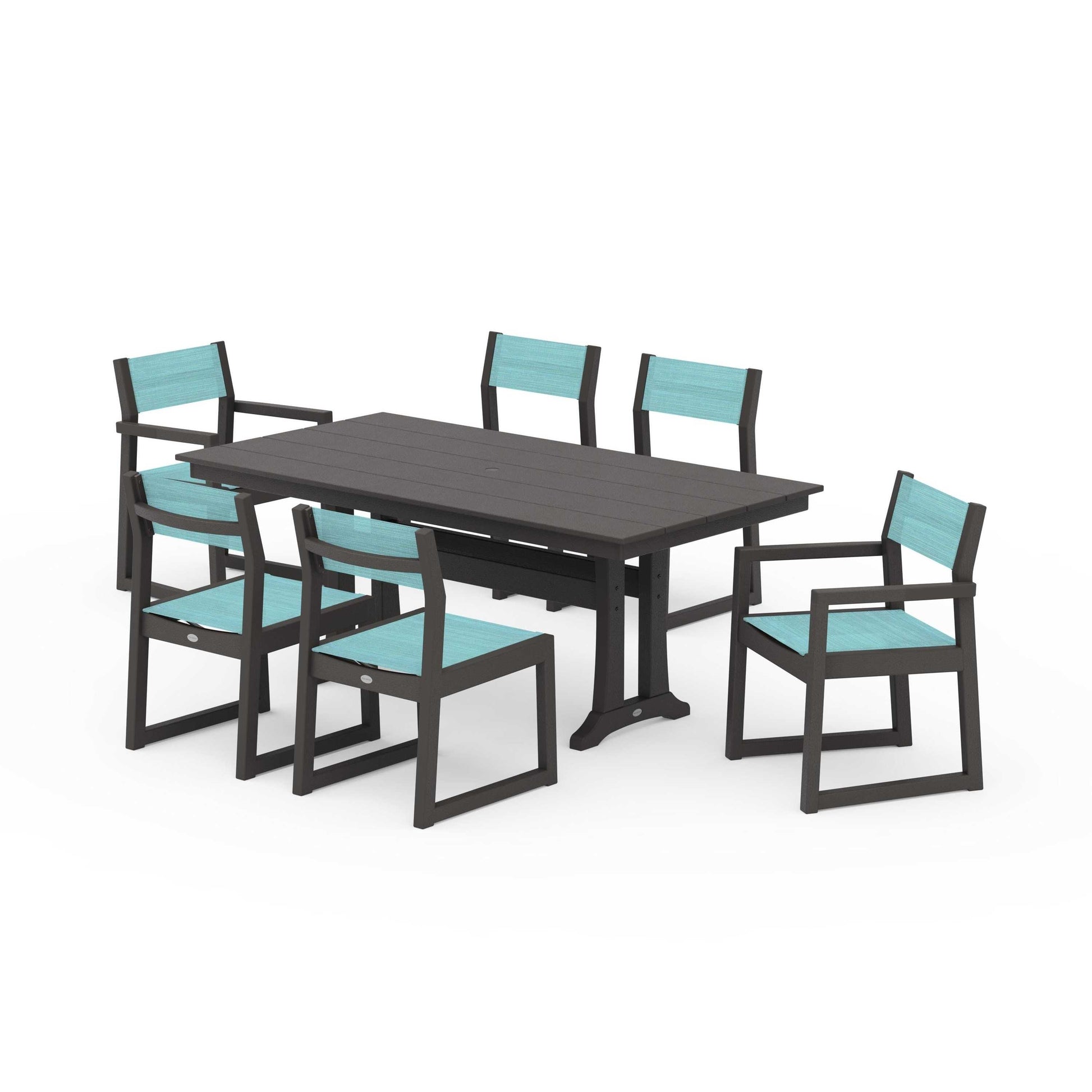 POLYWOOD EDGE Sling 7-Piece Farmhouse Trestle Dining Set — Vintage Coffee / Dupioni Aquamarine Sling