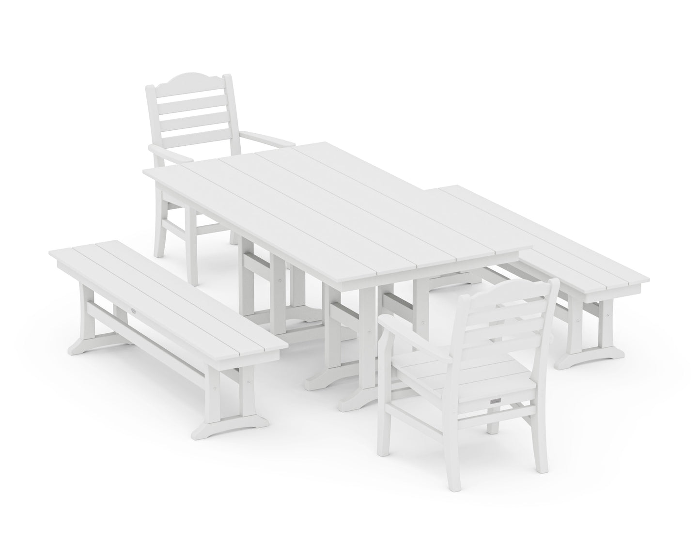 POLYWOOD Savannah 5-Piece Farmhouse Dining Set with Benches — White