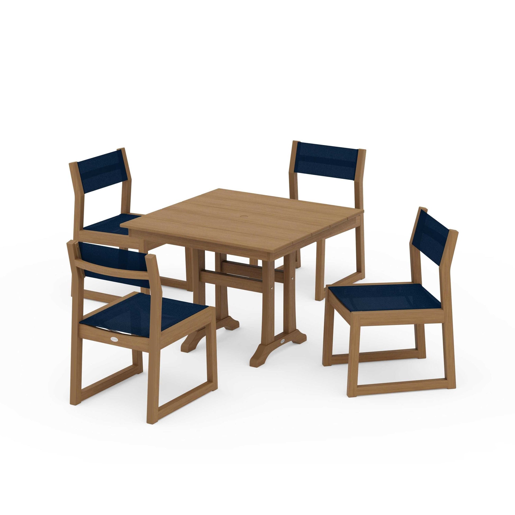 POLYWOOD EDGE Sling 5-Piece Farmhouse Trestle Side Chair Dining Set — Natural / Navy Blue Sling