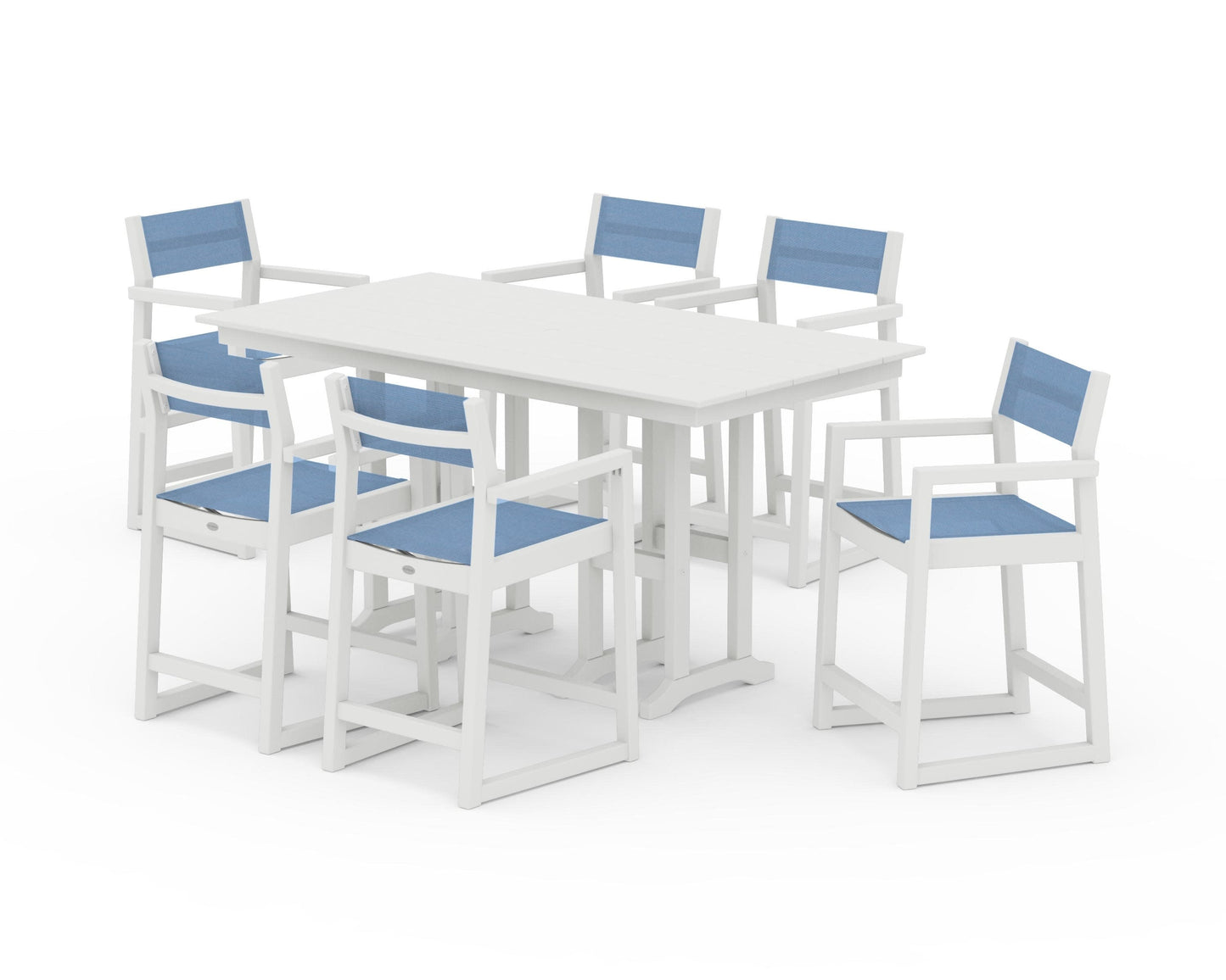 POLYWOOD EDGE Sling Arm Chair 7-Piece Farmhouse Counter Set — Vintage White / Poolside Sling