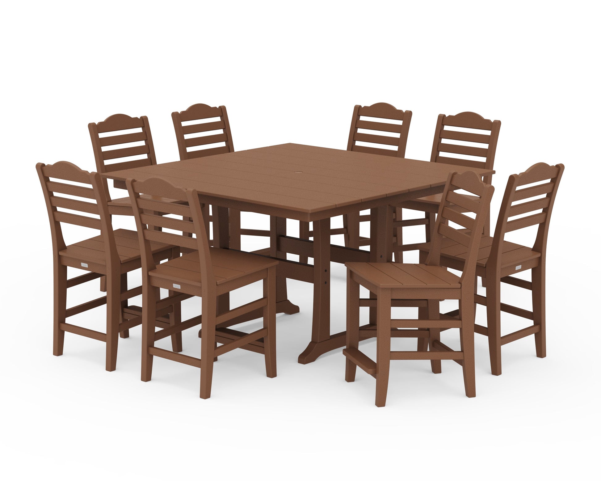 POLYWOOD Savannah Side Chair 9-Piece Square Farmhouse Counter Set with Trestle Legs — Teak