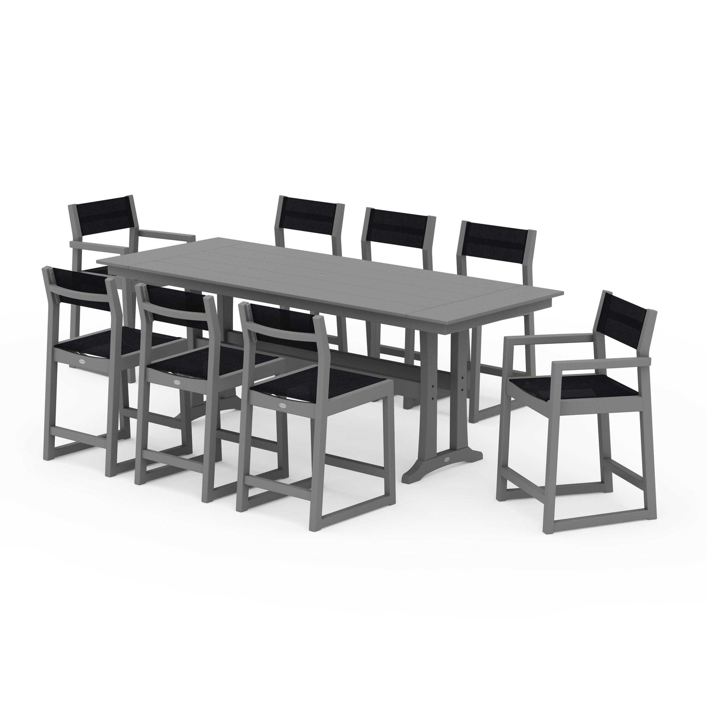 POLYWOOD EDGE Sling 9-Piece Farmhouse Counter Set with Trestle Legs — Slate Grey / Black Sling