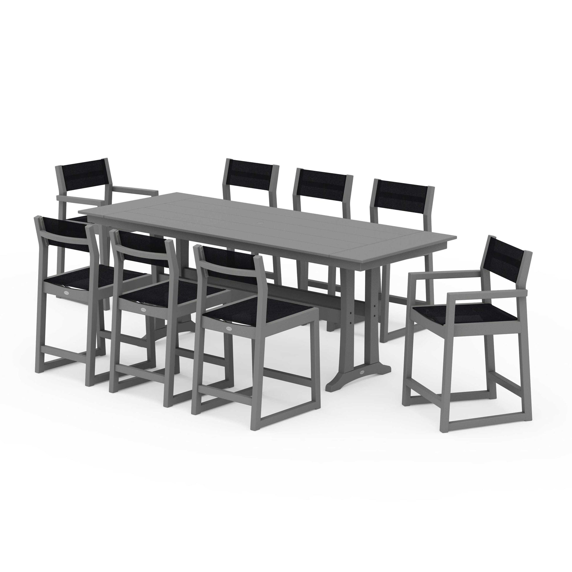 POLYWOOD EDGE Sling 9-Piece Farmhouse Counter Set with Trestle Legs — Slate Grey / Black Sling