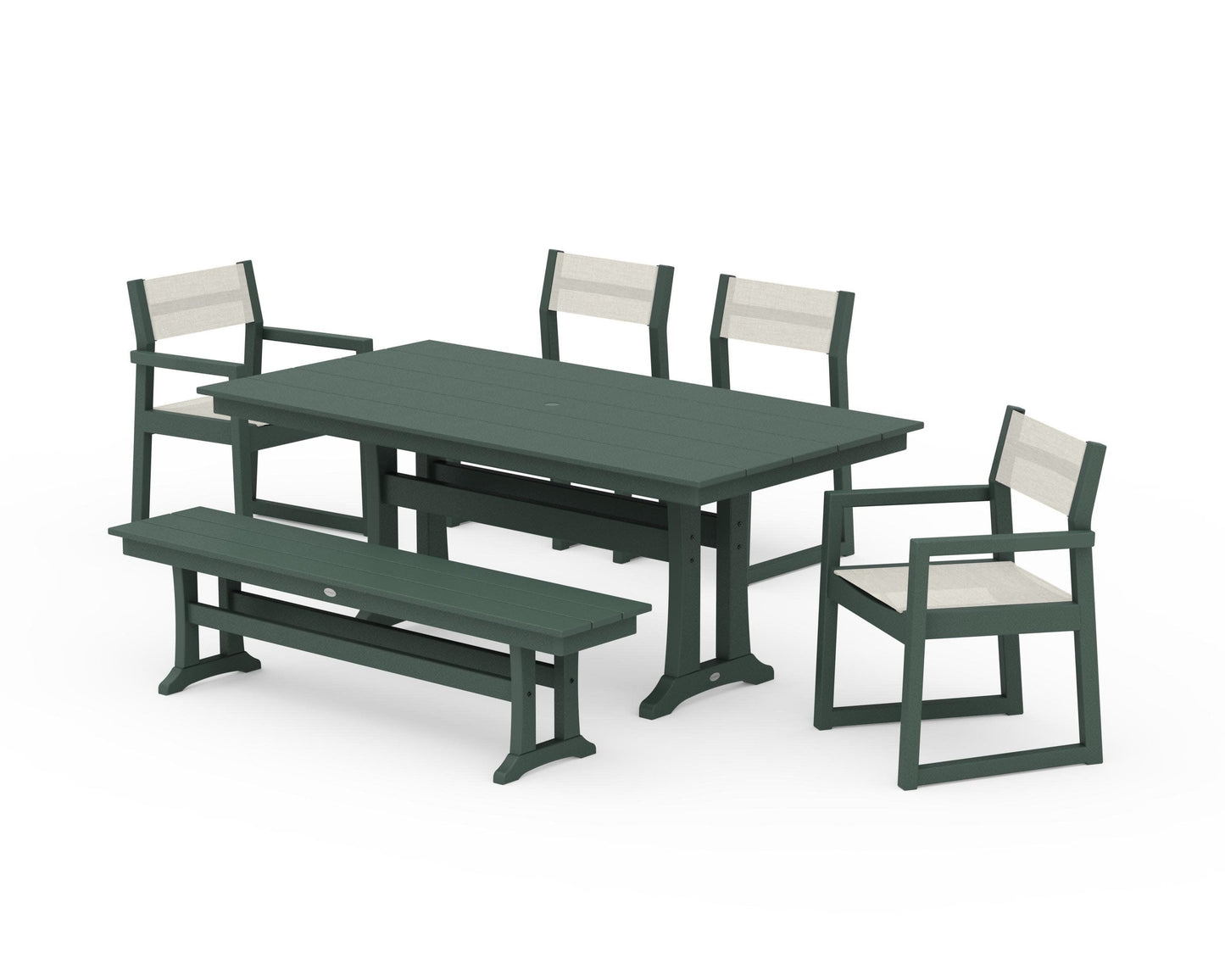POLYWOOD EDGE Sling 6-Piece Farmhouse Dining Set With Trestle Legs — Green / Parchment Sling