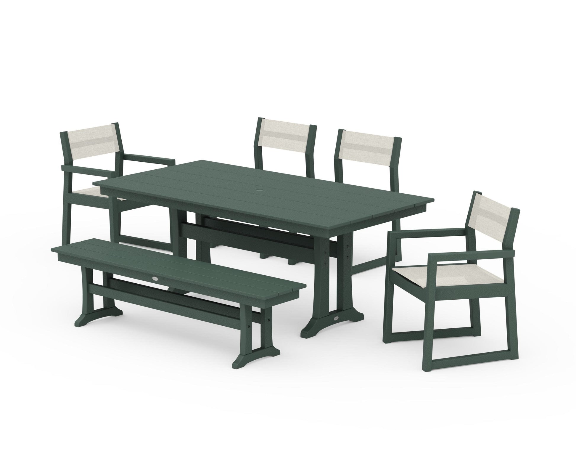 POLYWOOD EDGE Sling 6-Piece Farmhouse Dining Set With Trestle Legs — Green / Parchment Sling