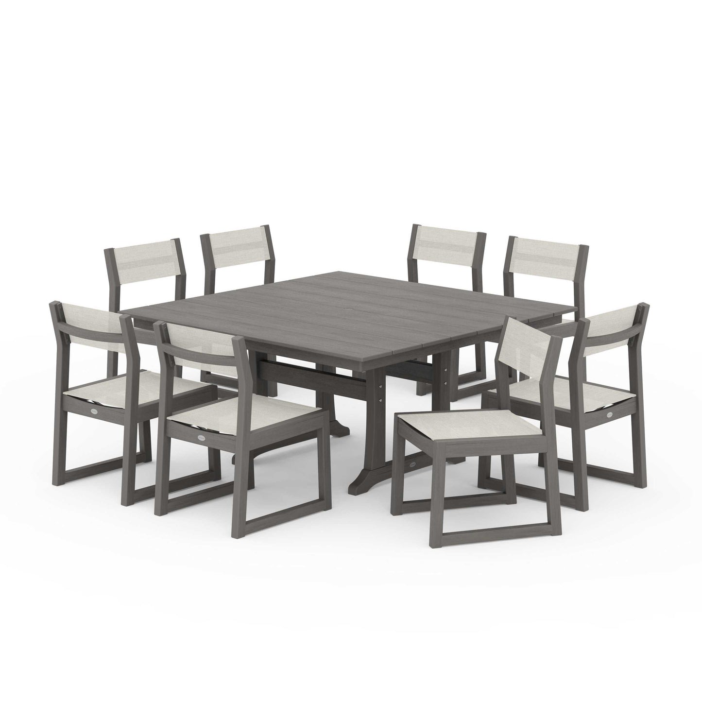 POLYWOOD EDGE Sling Side Chair 9-Piece Farmhouse Trestle Dining Set — Driftwood / Parchment Sling