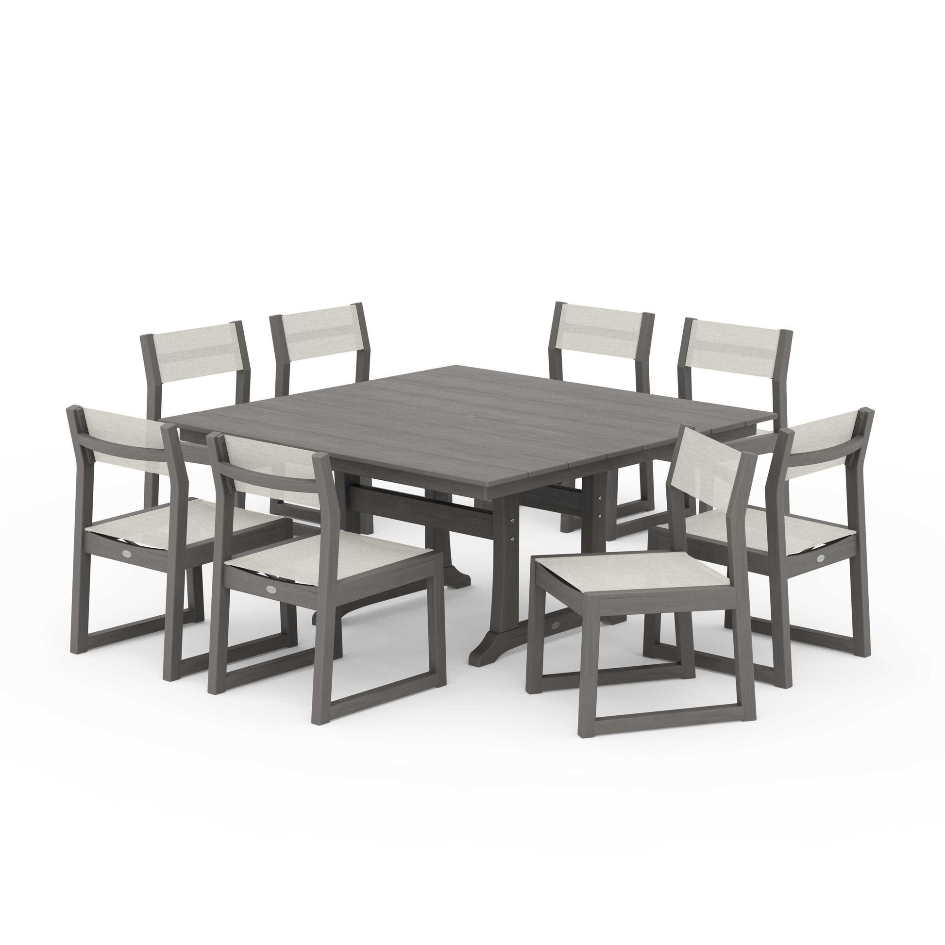 POLYWOOD EDGE Sling Side Chair 9-Piece Farmhouse Trestle Dining Set — Driftwood / Parchment Sling