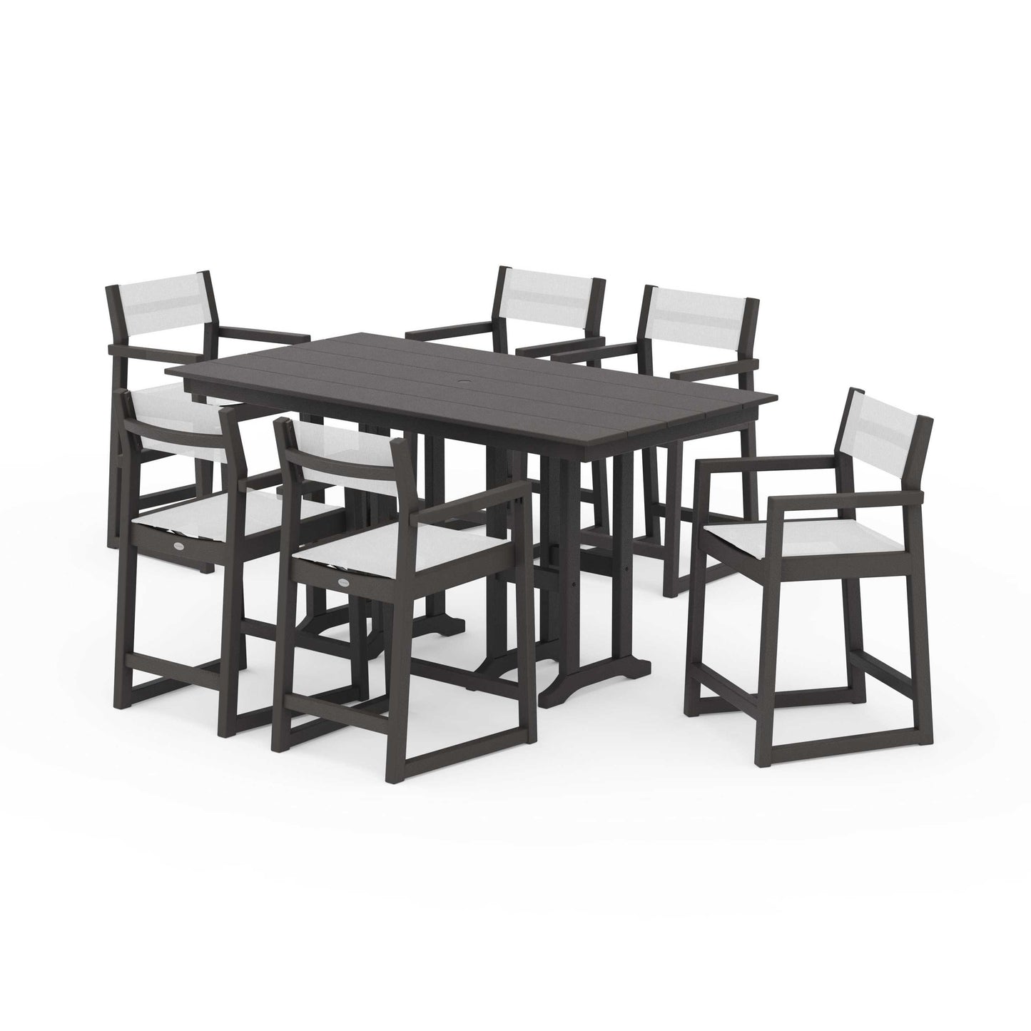 POLYWOOD EDGE Sling Arm Chair 7-Piece Farmhouse Counter Set — Vintage Coffee / White Sling