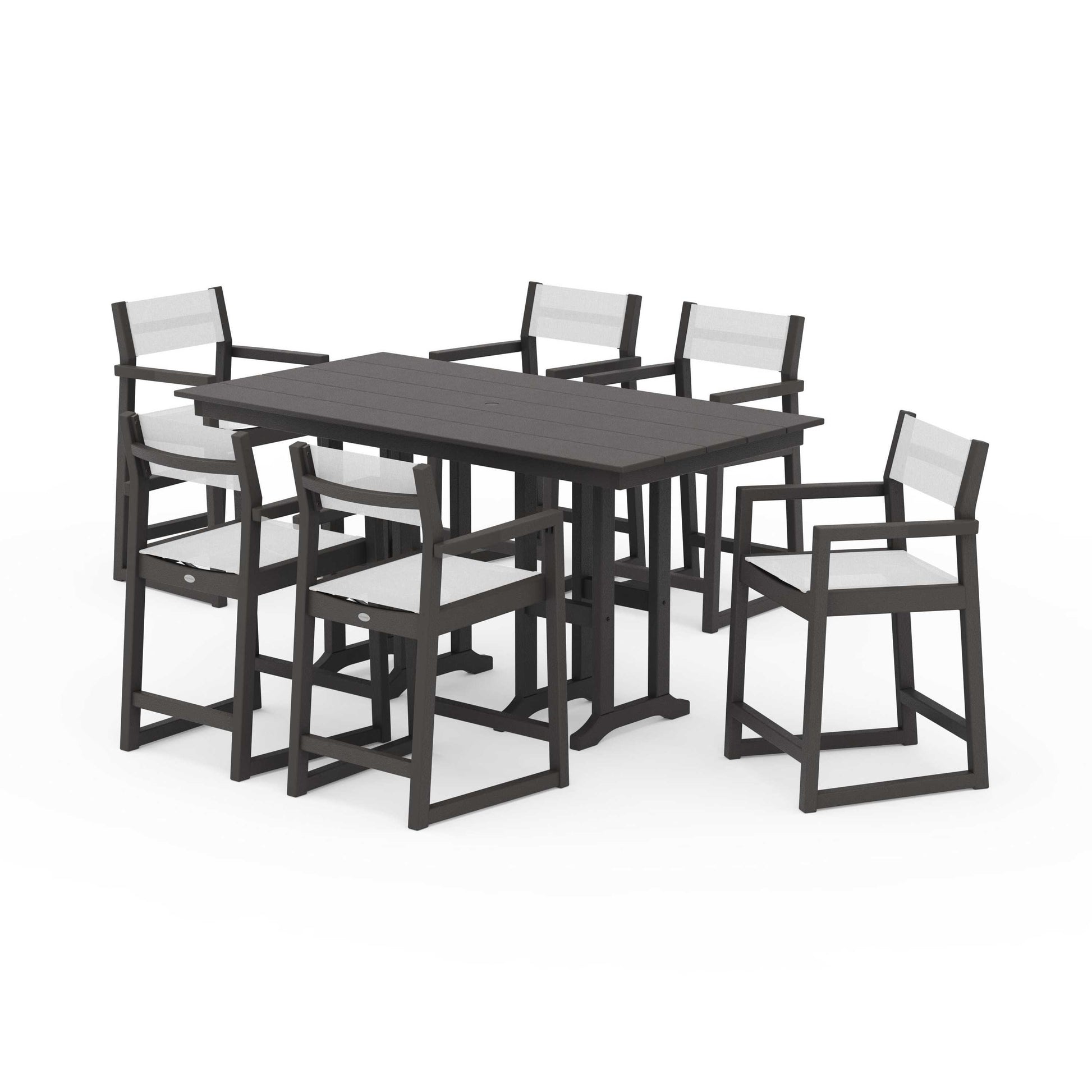 POLYWOOD EDGE Sling Arm Chair 7-Piece Farmhouse Counter Set — Vintage Coffee / White Sling