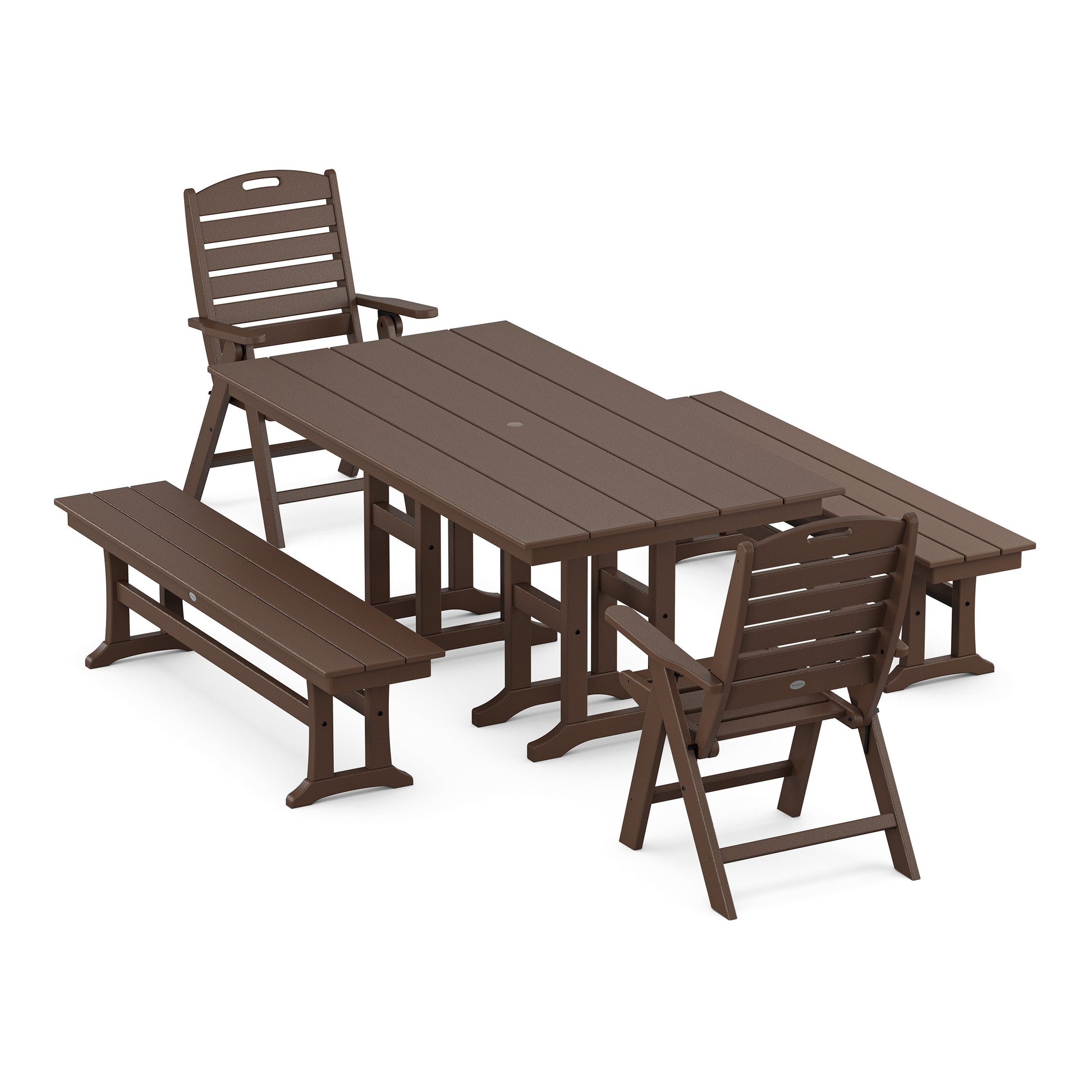 POLYWOOD Nautical Highback 5-Piece Farmhouse Dining Set with Benches — Mahogany