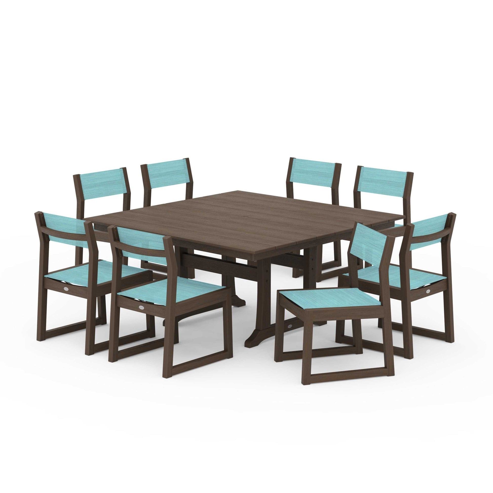 POLYWOOD EDGE Sling Side Chair 9-Piece Farmhouse Trestle Dining Set — Kona / Dupioni Aquamarine Sling