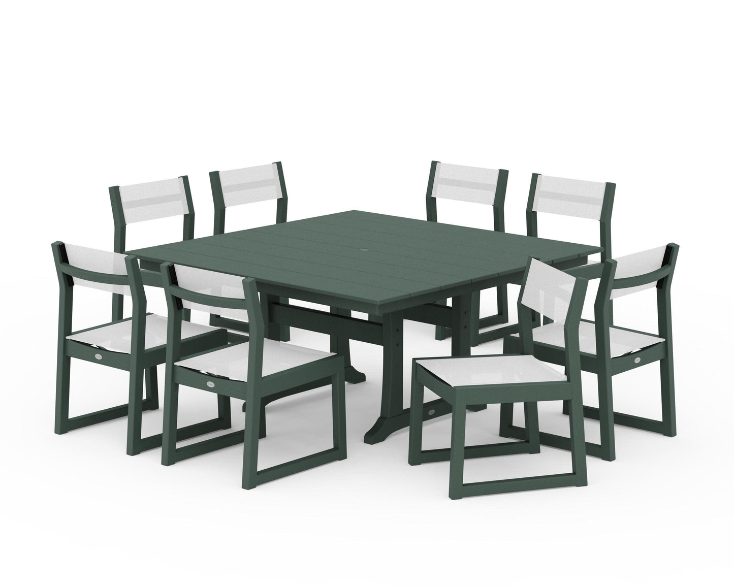 POLYWOOD EDGE Sling Side Chair 9-Piece Farmhouse Trestle Dining Set — Green / White Sling