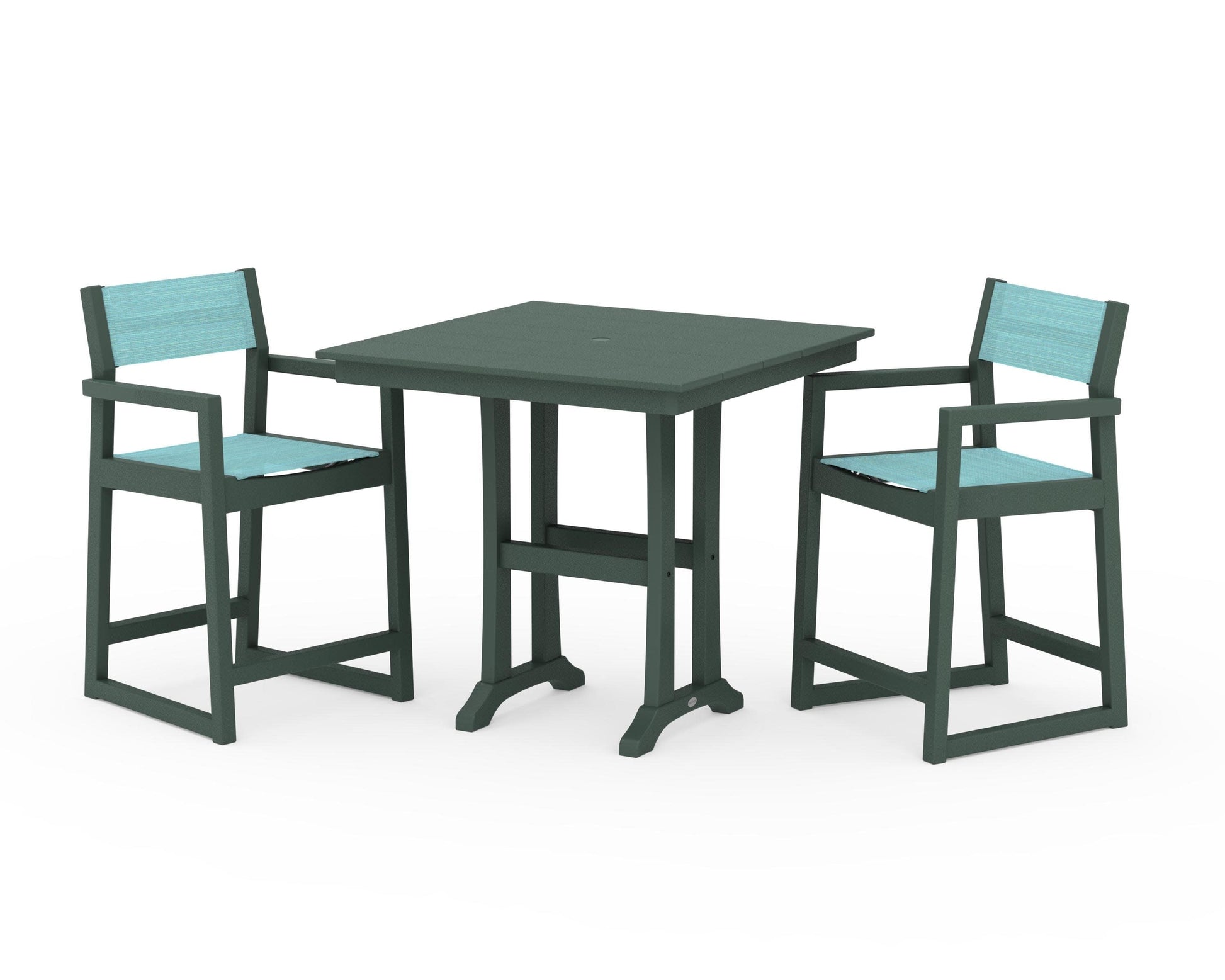POLYWOOD EDGE Sling Arm Chair 3-Piece Farmhouse Counter Set with Trestle Legs — Green / Dupioni Aquamarine Sling