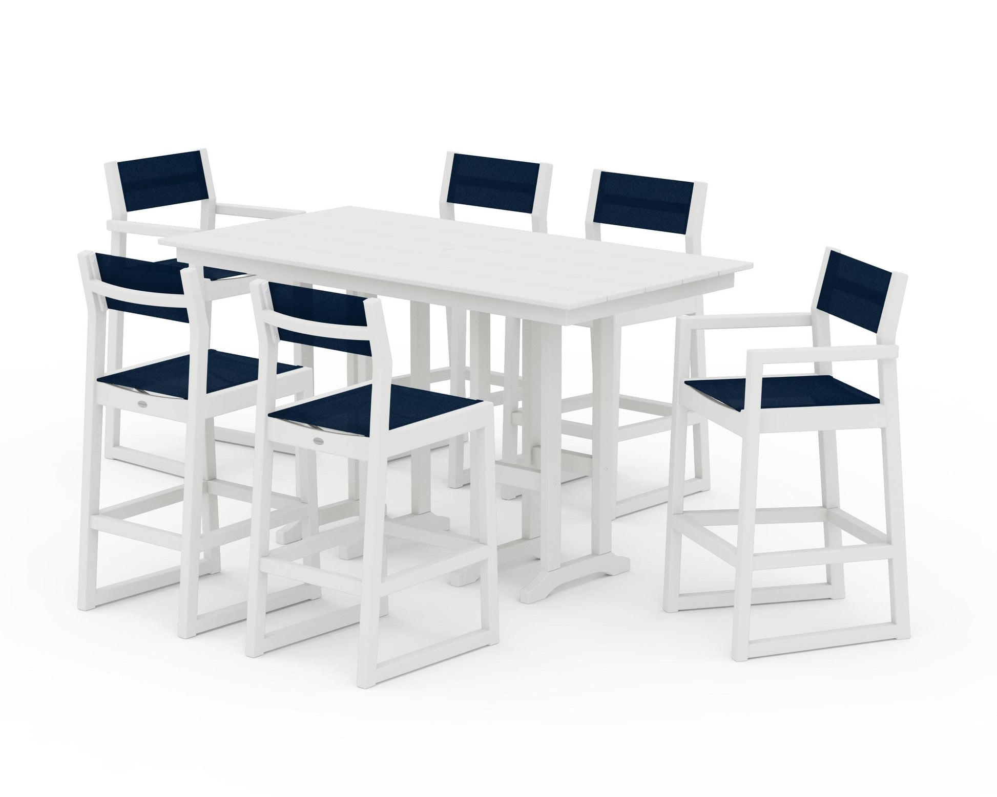 POLYWOOD EDGE Sling 7-Piece Farmhouse Bar Set — White / Navy Blue Sling