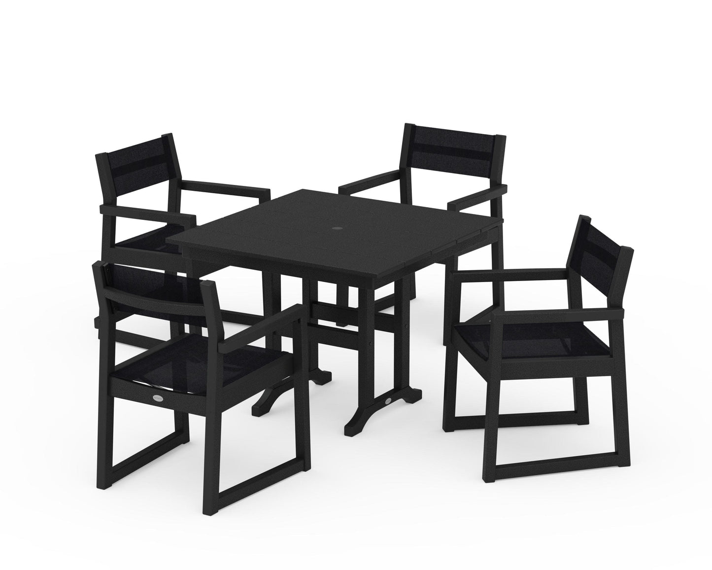 POLYWOOD EDGE Sling Arm Chair 5-Piece Farmhouse Dining Set — Black / Black Sling