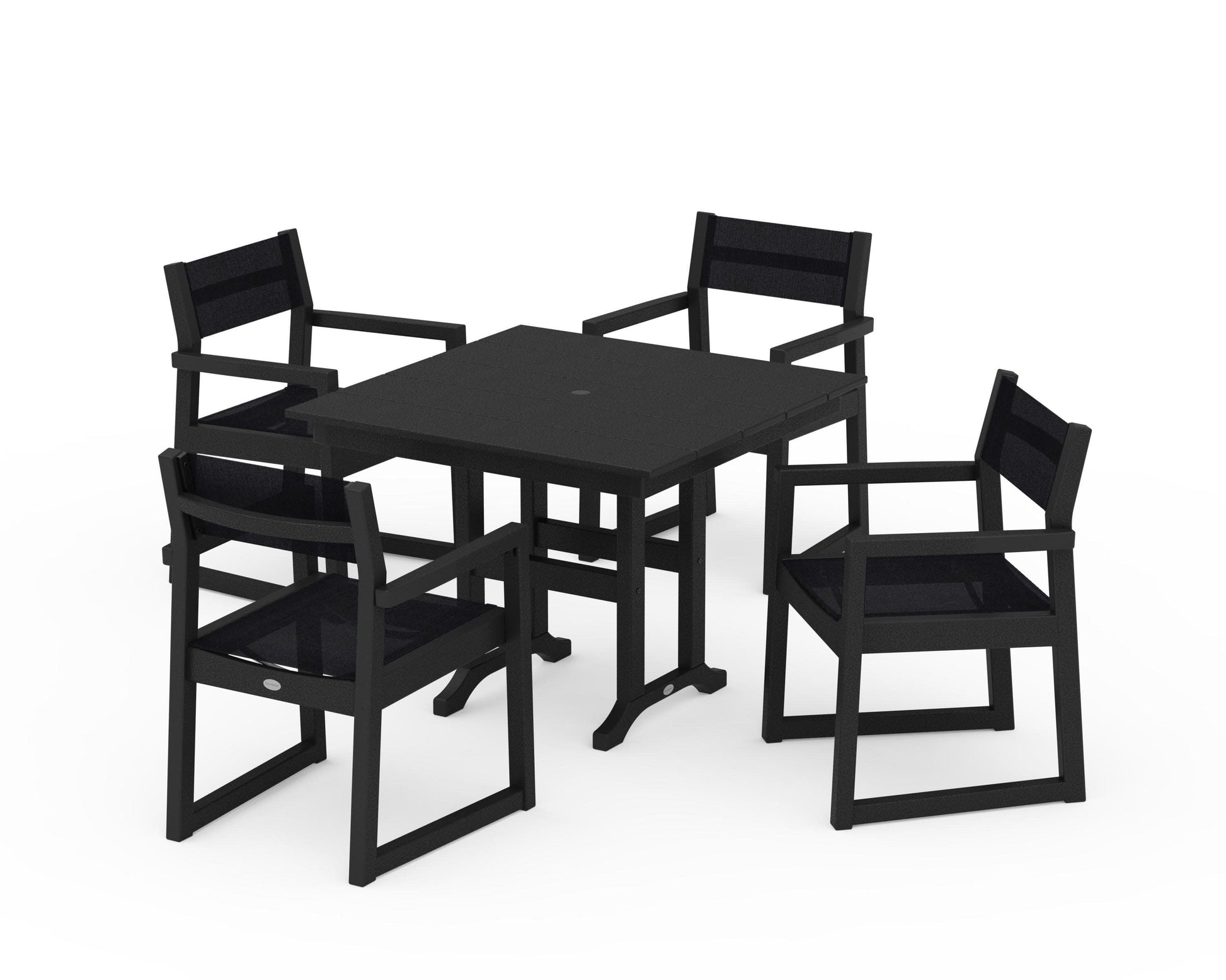 POLYWOOD EDGE Sling Arm Chair 5-Piece Farmhouse Dining Set — Black / Black Sling