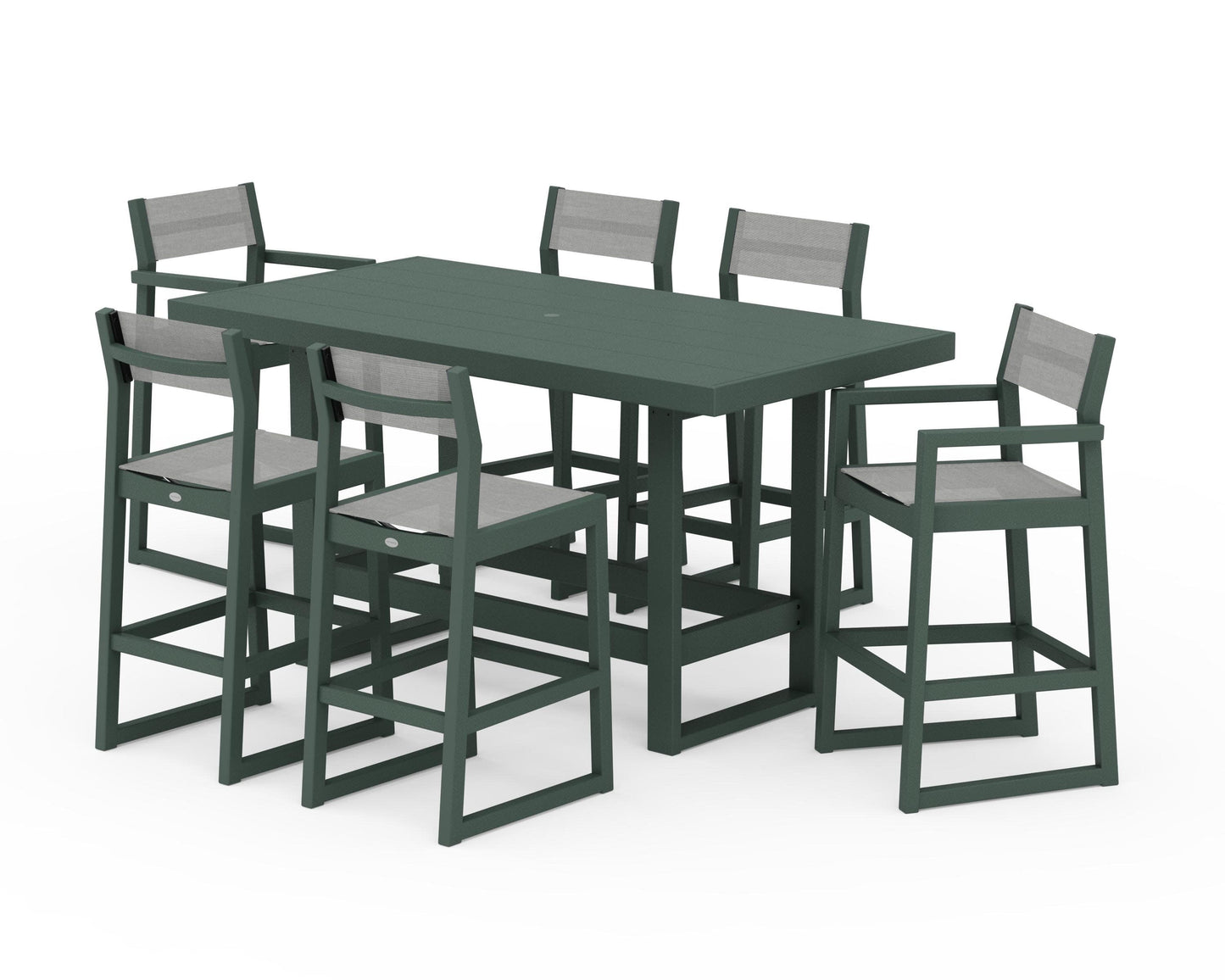 POLYWOOD EDGE Sling 7-Piece Bar Table Set — Green / Metallic Sling