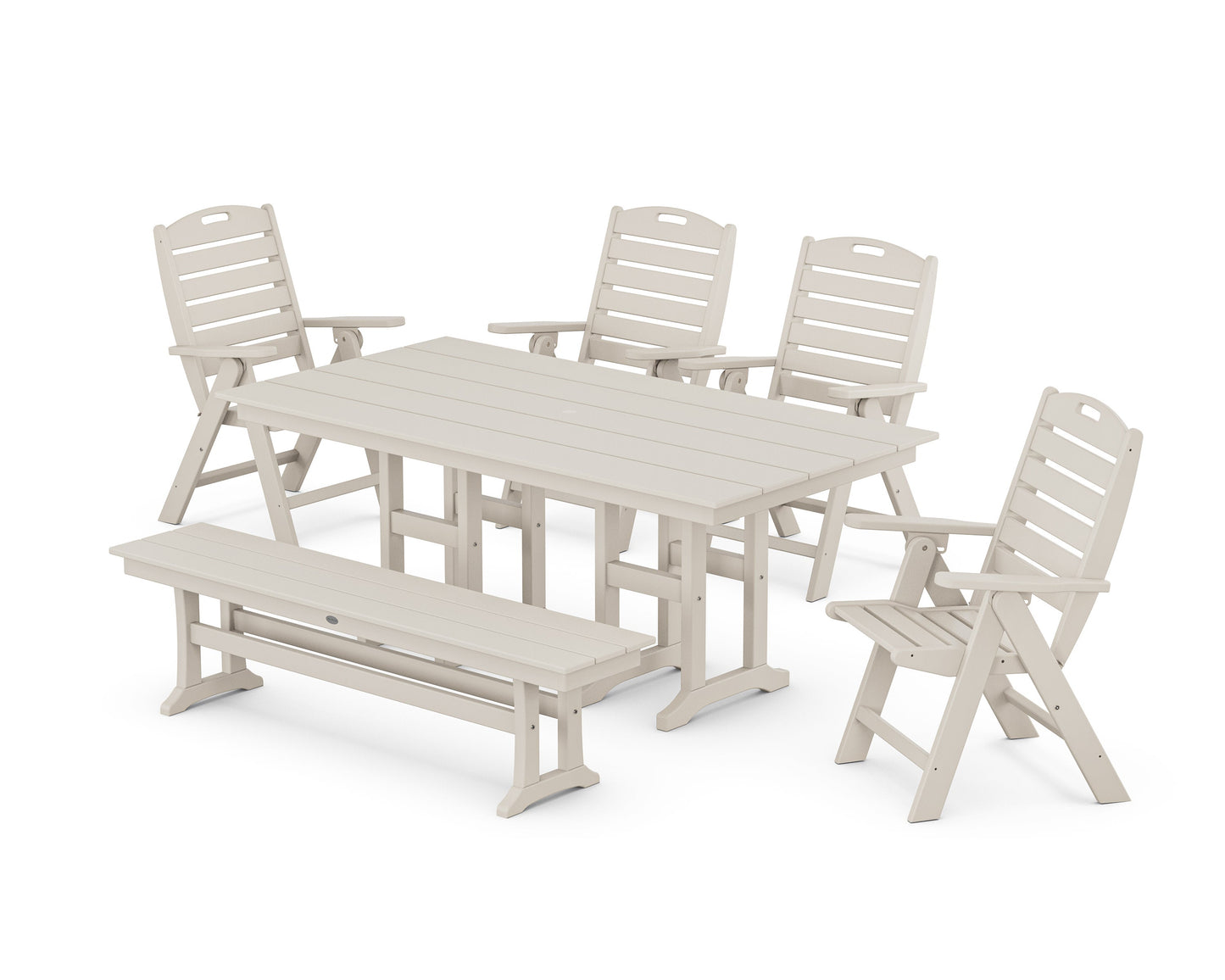 POLYWOOD Nautical Highback 6-Piece Farmhouse Dining Set with Bench — Sand